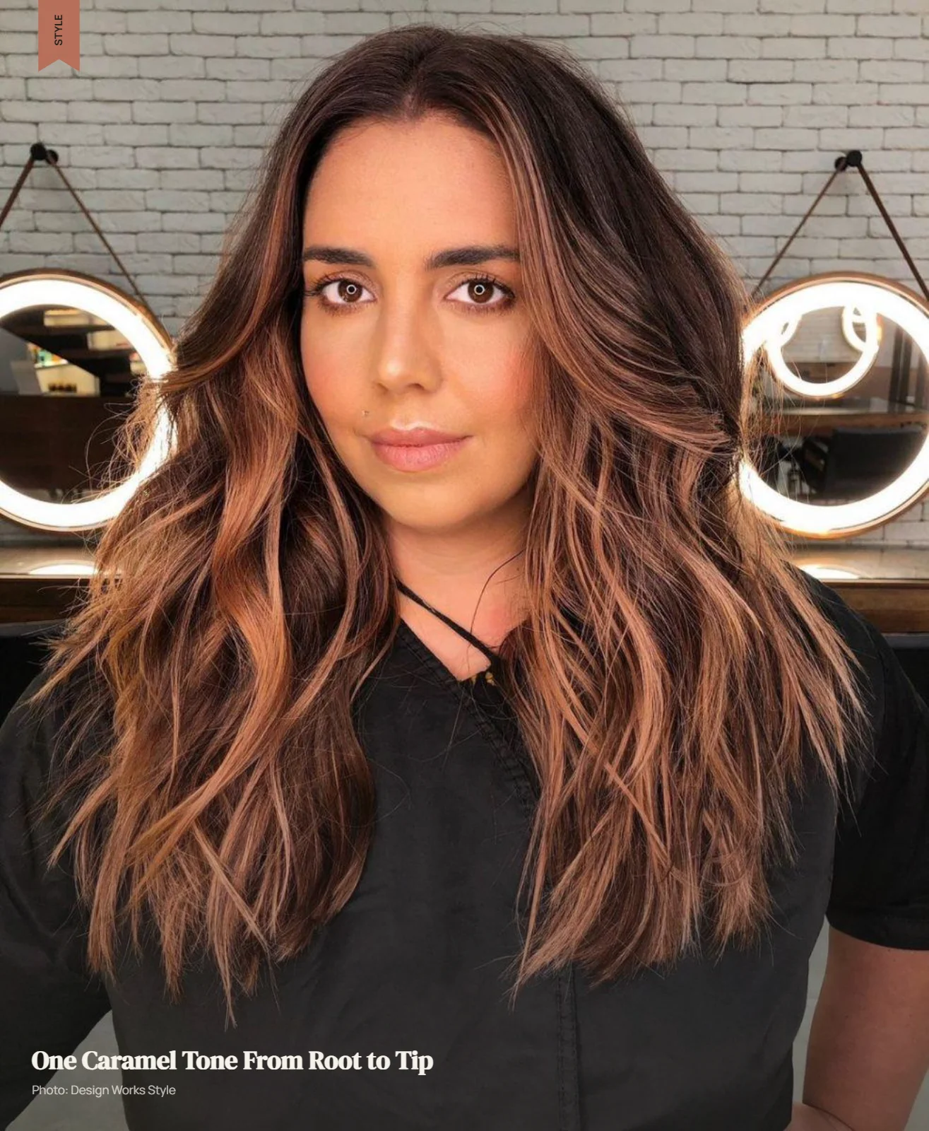 All-over caramel brown hair with consistent warm golden color from roots through the lengths