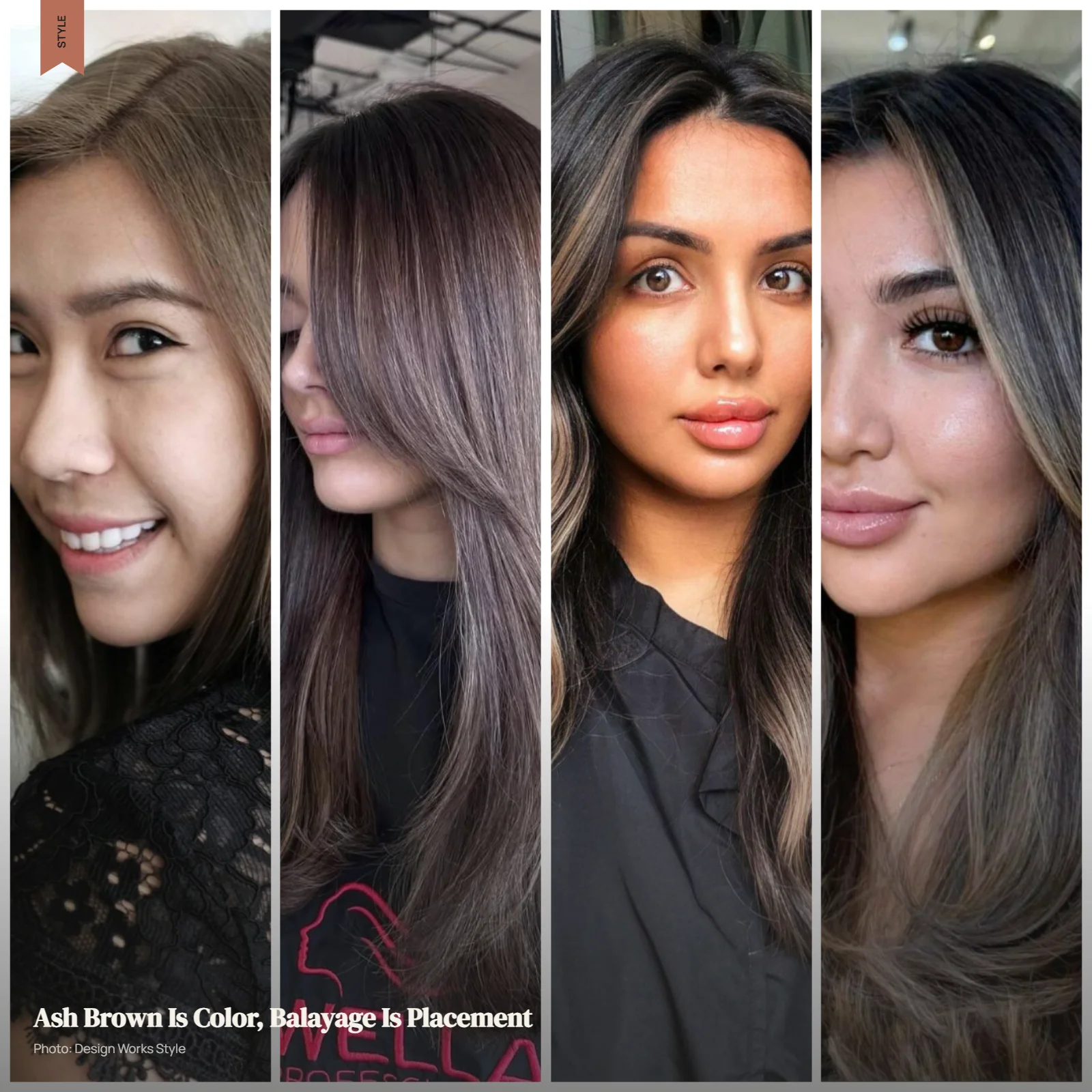 Cool ash brown hair compared with dimensional balayage pieces on brunette hair