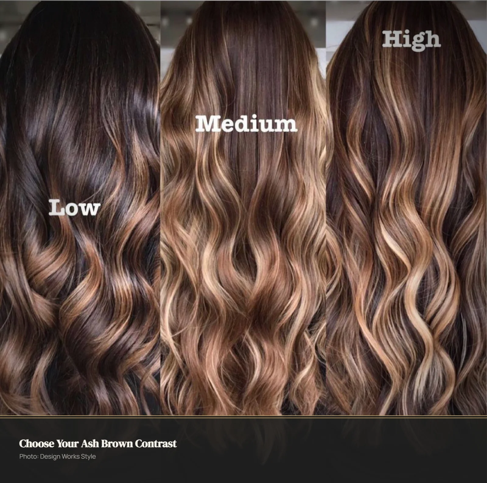 Three ash brown balayage looks showing subtle, visible, and high contrast on brunette hair