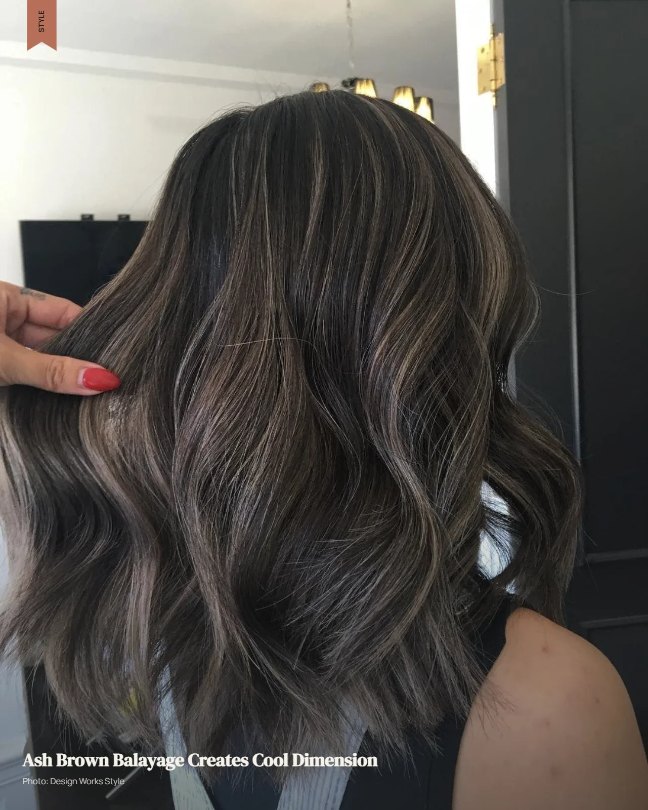 Ash brown balayage creating cool-toned dimension through dark brunette hair