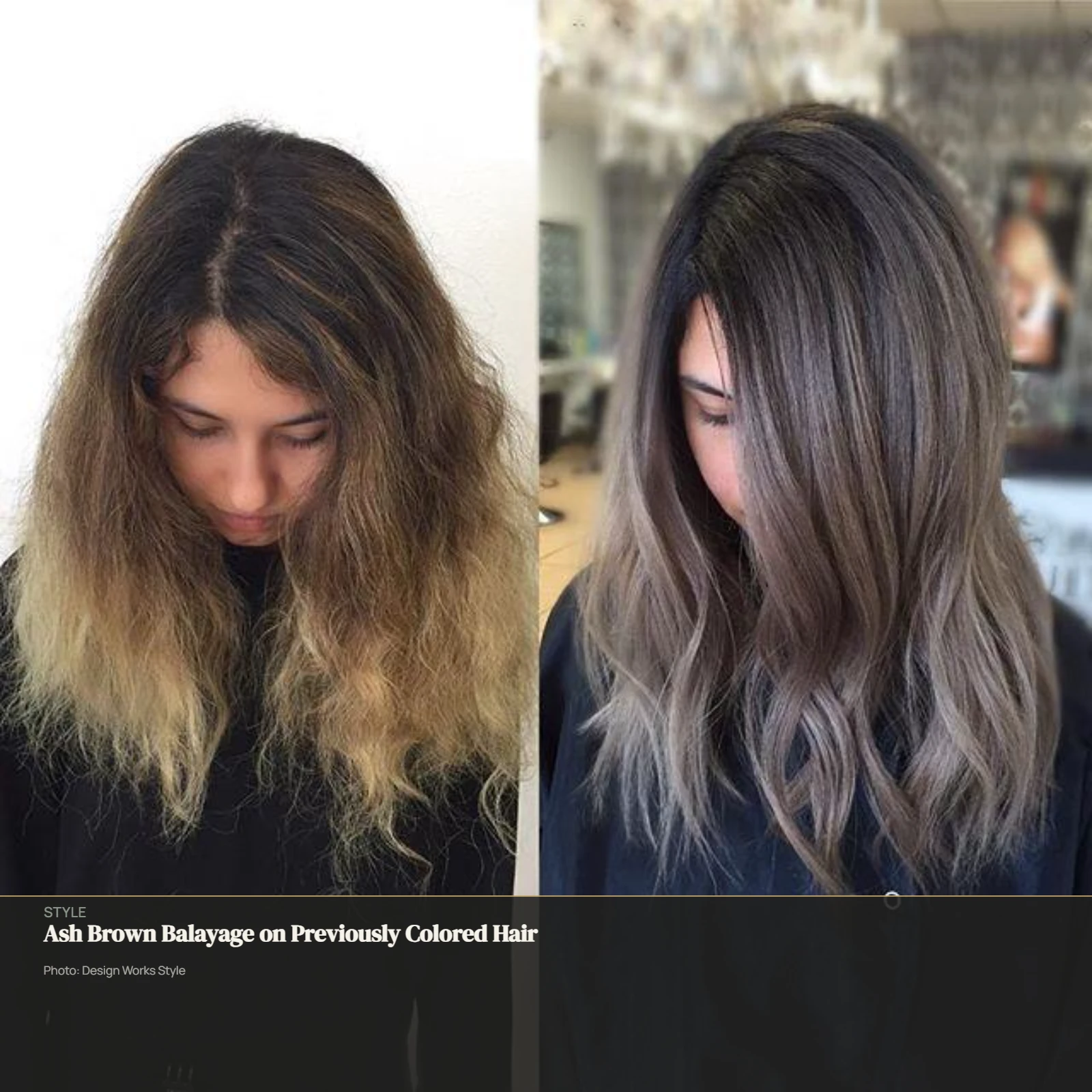 Previously colored hair transitioning from warm tones to cool ash brown balayage
