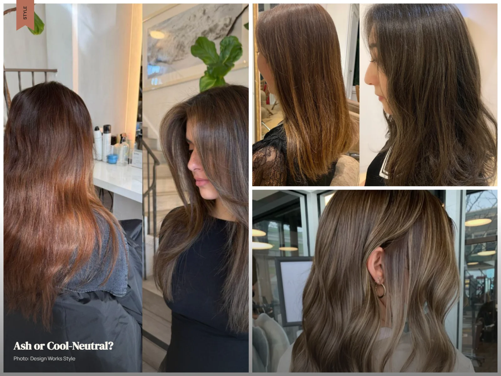 Ash brown and cool-neutral brown hair showing different levels of cool, muted brunette tones