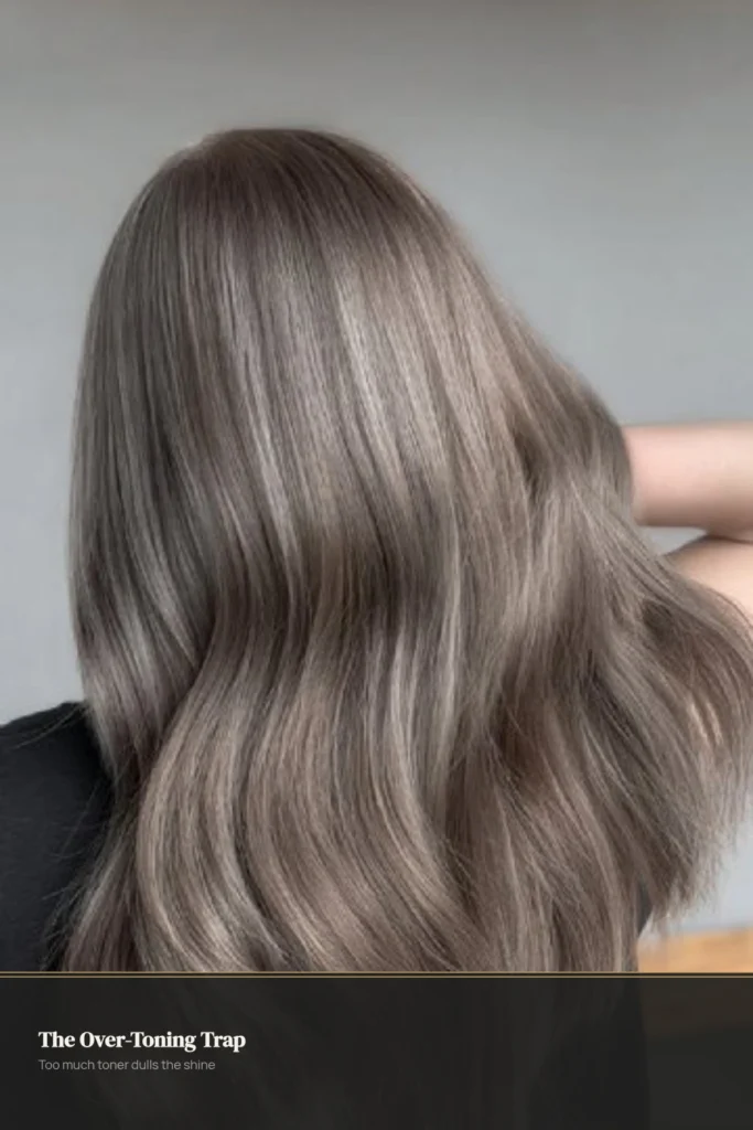 Dull greyish over-toned mushroom brown hair from behind