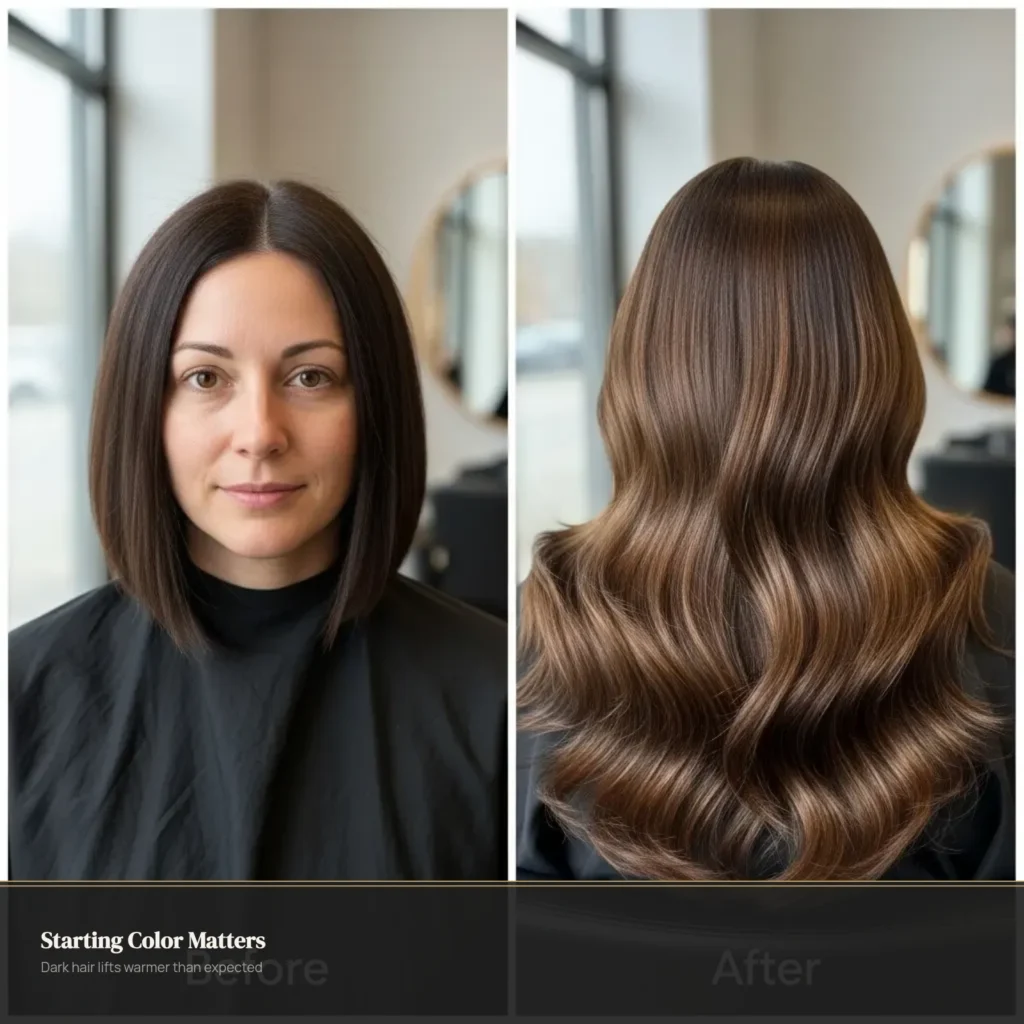 Before and after of dark hair lifted to ash brown