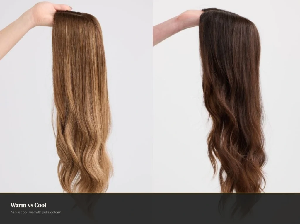 Side-by-side comparison of warm golden brown and cool ash brown hair color
