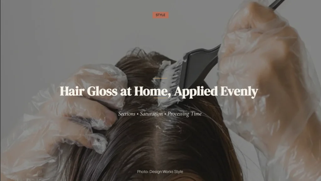 Woman applying hair gloss to damp, sectioned hair with gloves for even coverage