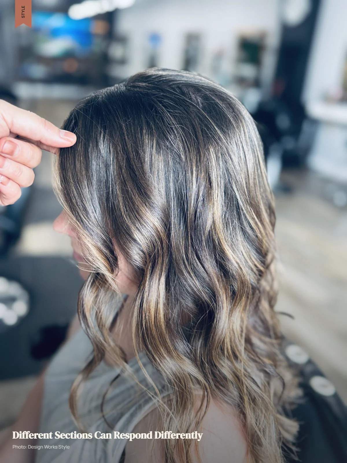 Close-up of balayage hair showing darker sections beside lighter highlighted pieces