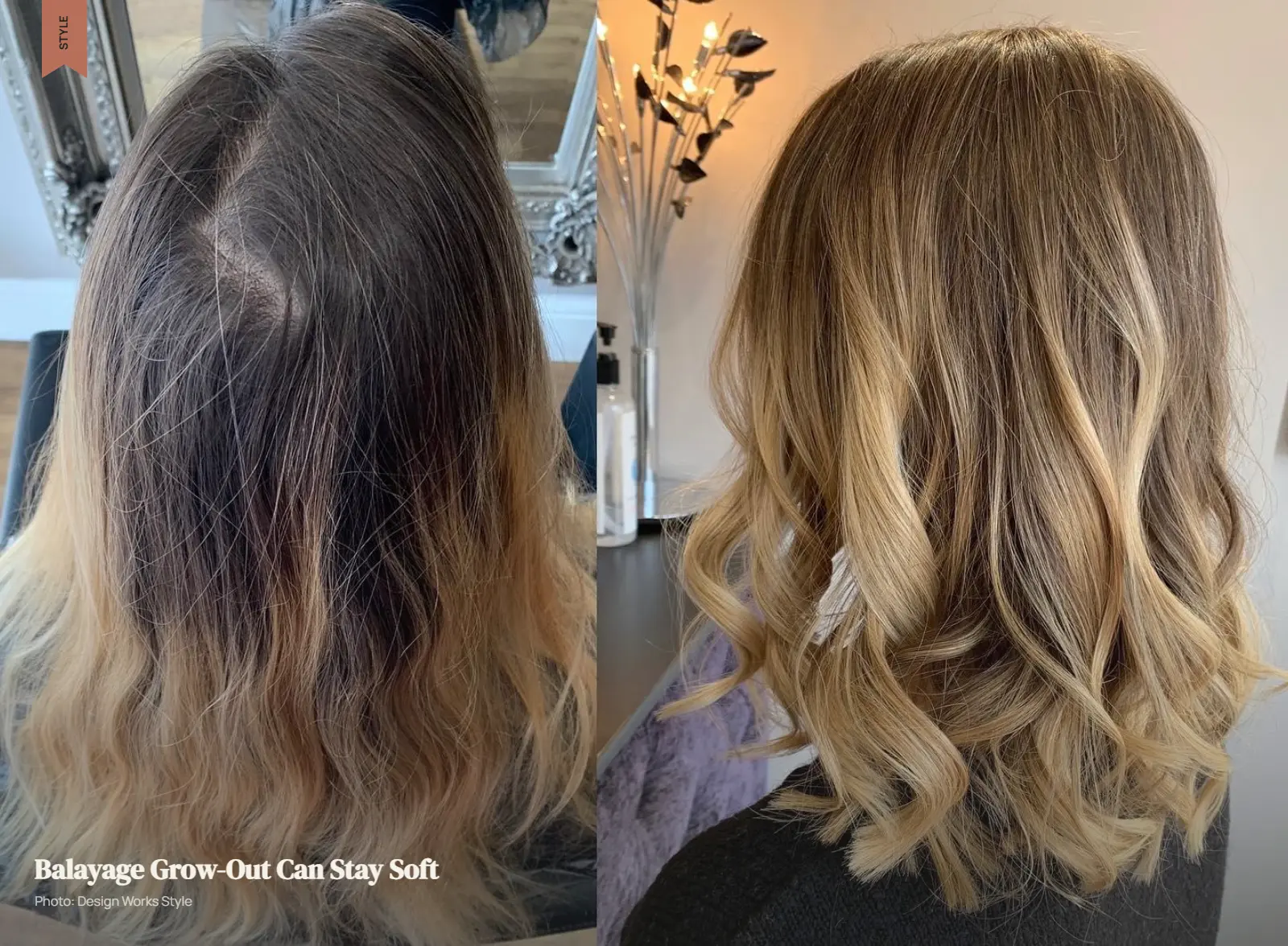Side-by-side balayage showing a softer root transition at different stages of grow-out