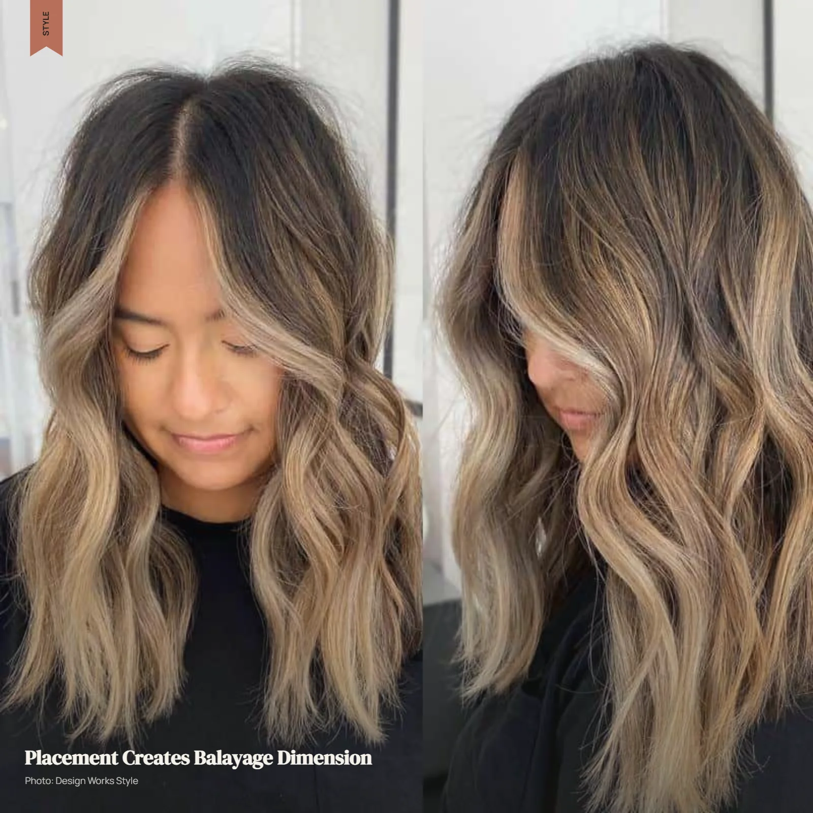 Wavy balayage showing darker roots, lighter mid-length pieces, and brighter face-framing sections