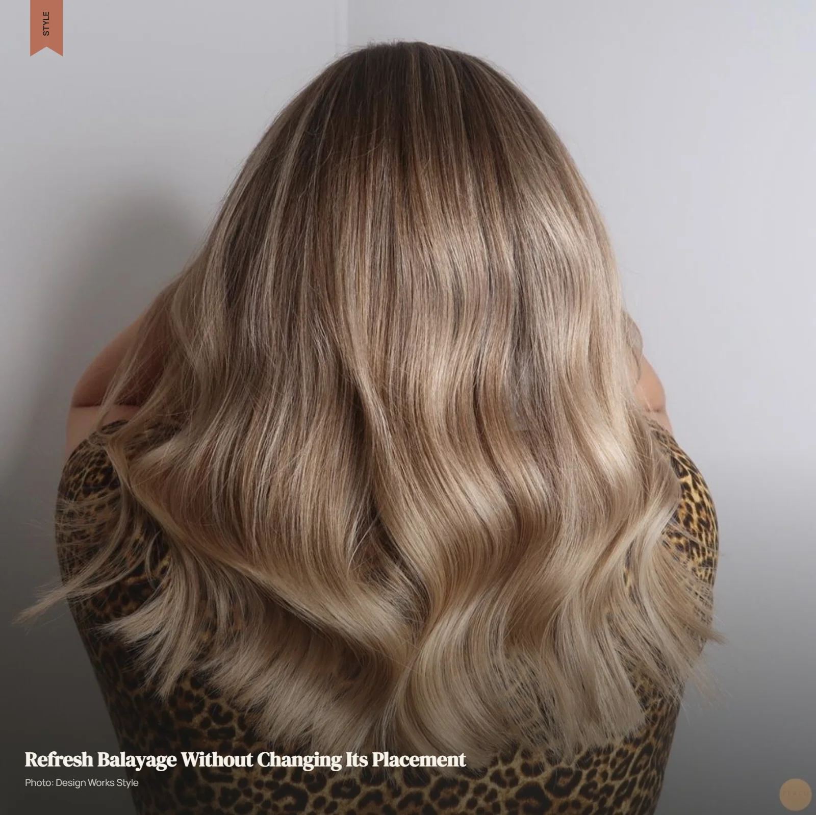 Blonde balayage with darker roots, lighter pieces and a subtle glossy tonal refresh