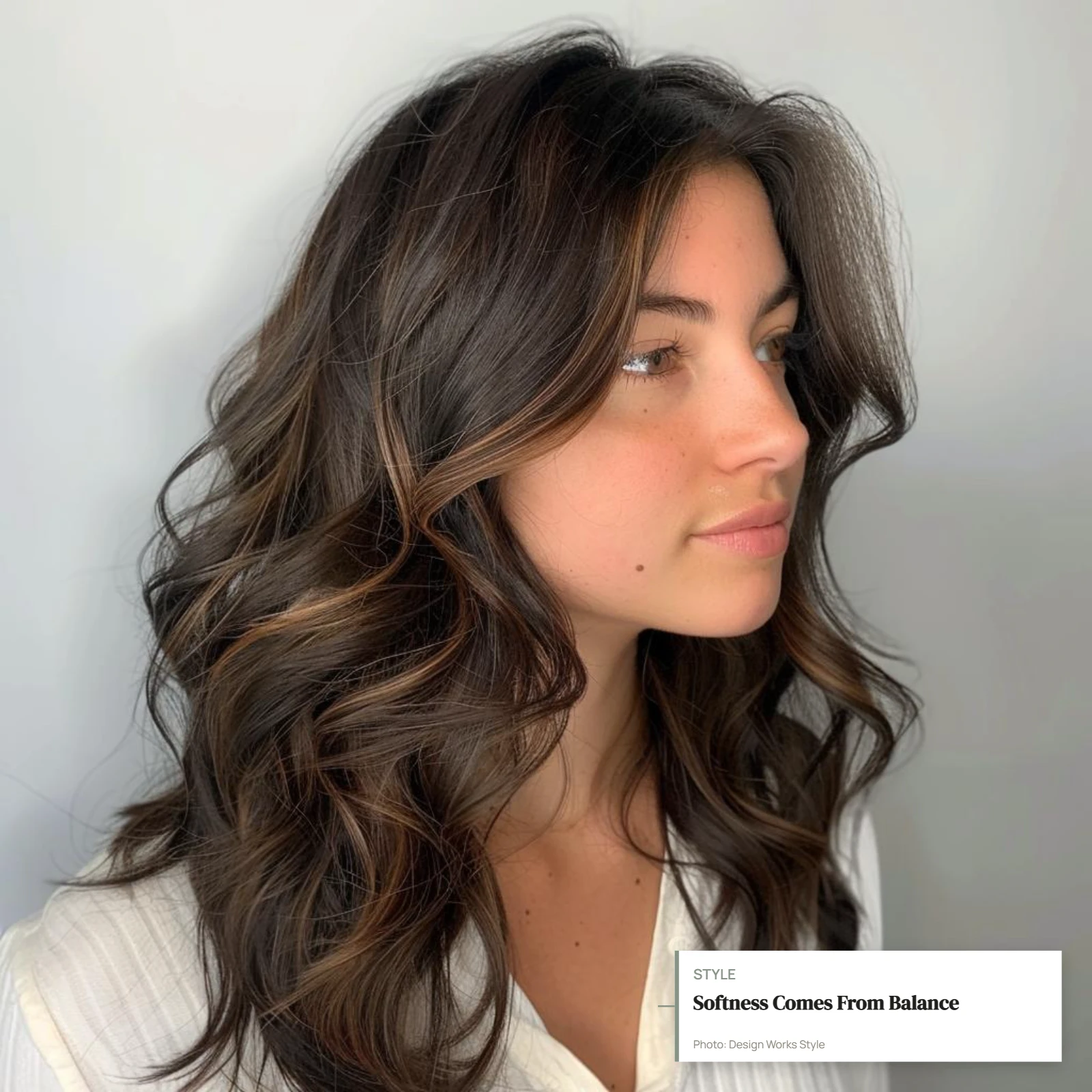 Brunette hair with subtle lighter pieces showing soft contrast, warmth, depth, and dimension