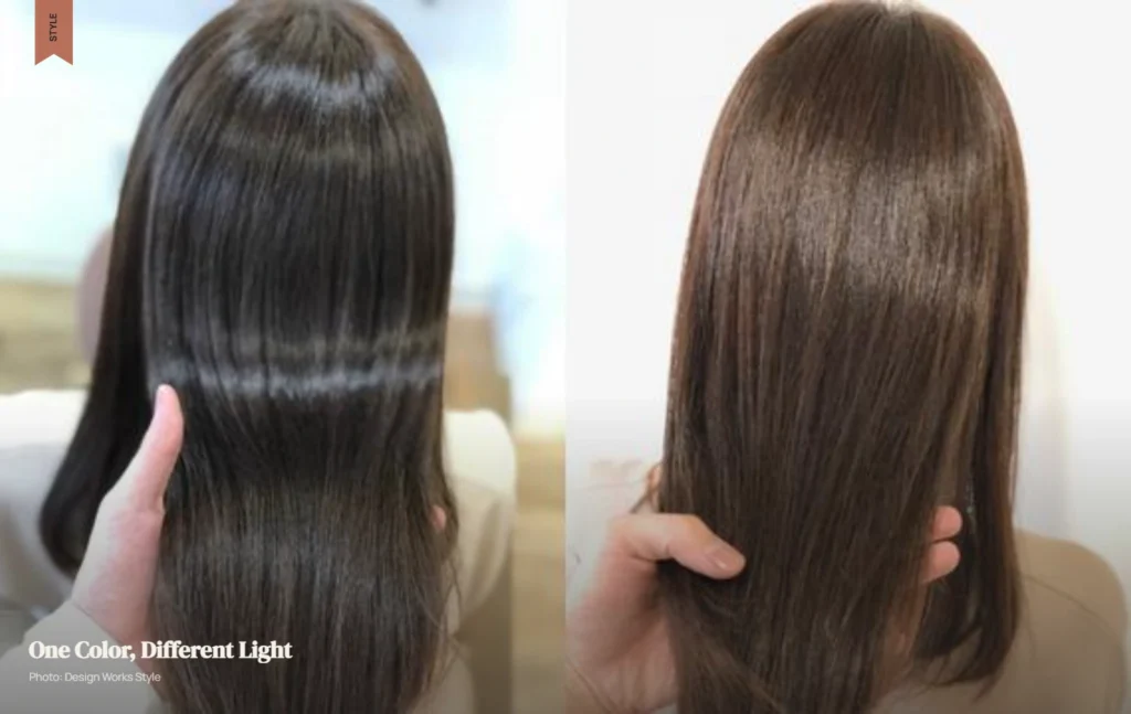 Brunette hair appearing darker and cooler in one light and warmer in another
