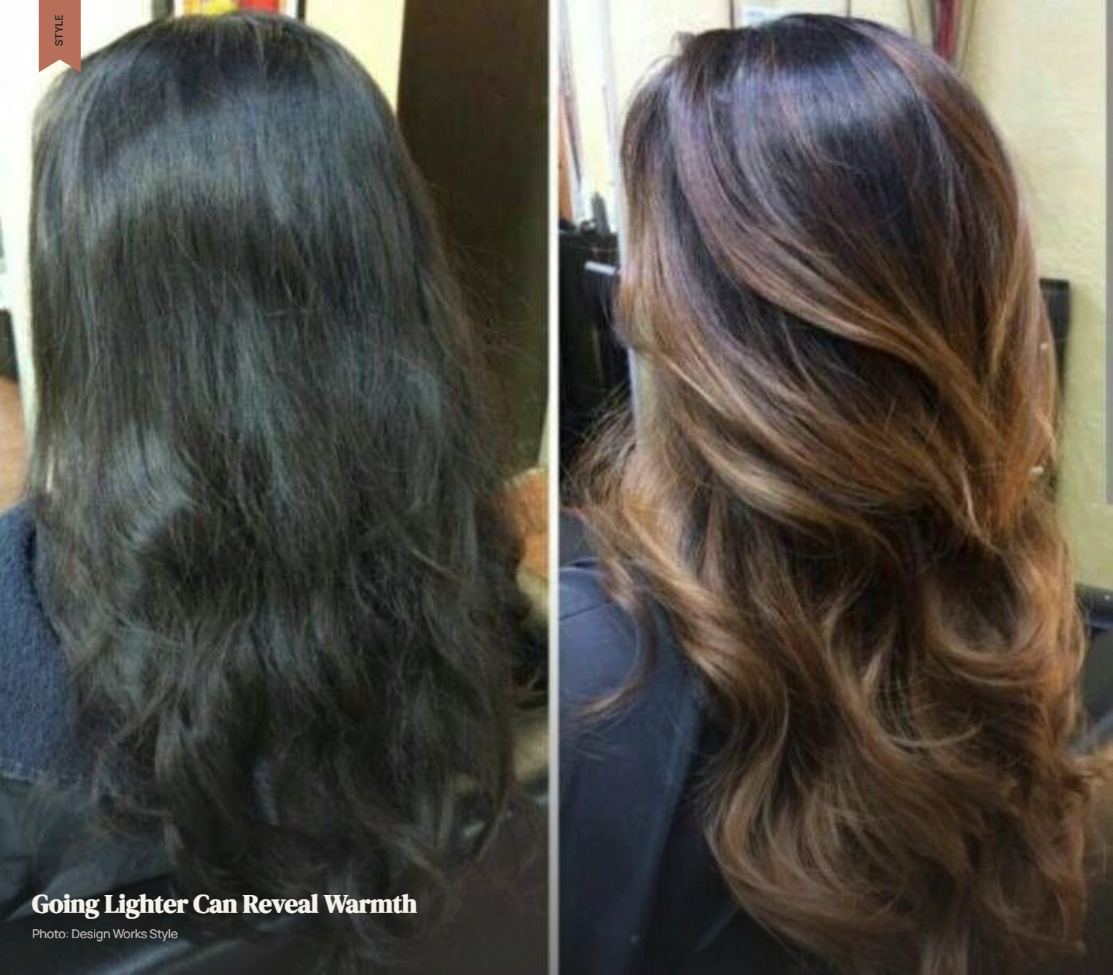 Dark brunette hair lightened to a warmer lighter brown with visible golden tones