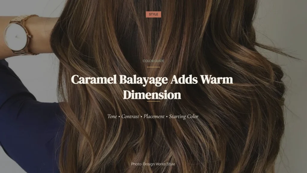 Brown hair with warm caramel balayage ribbons blended through softly waved lengths