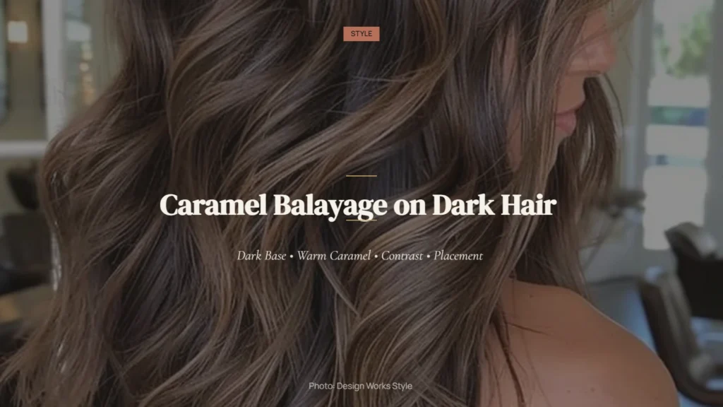 Caramel balayage ribbons blended through long dark brown hair