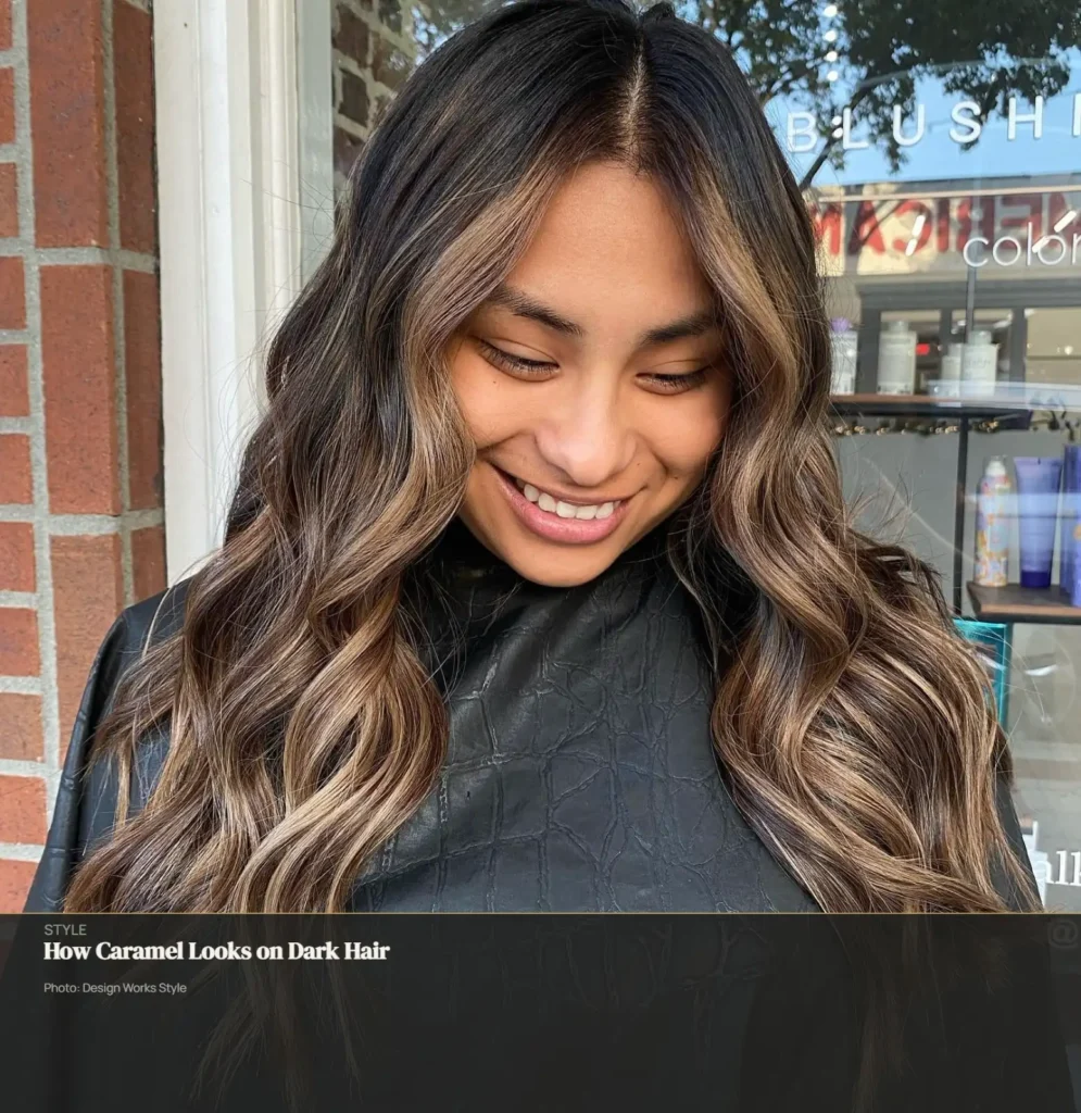 Dark brown hair with caramel balayage ribbons creating visible dimension