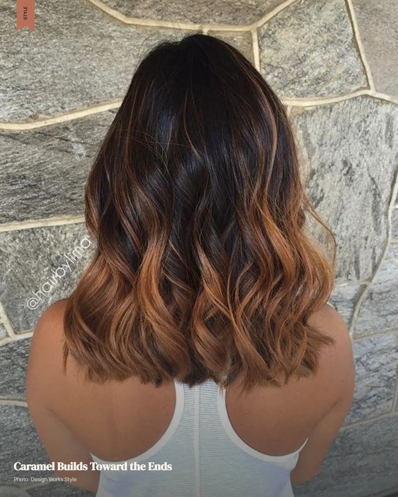 Dark brown hair with caramel balayage concentrated through the lower lengths and ends