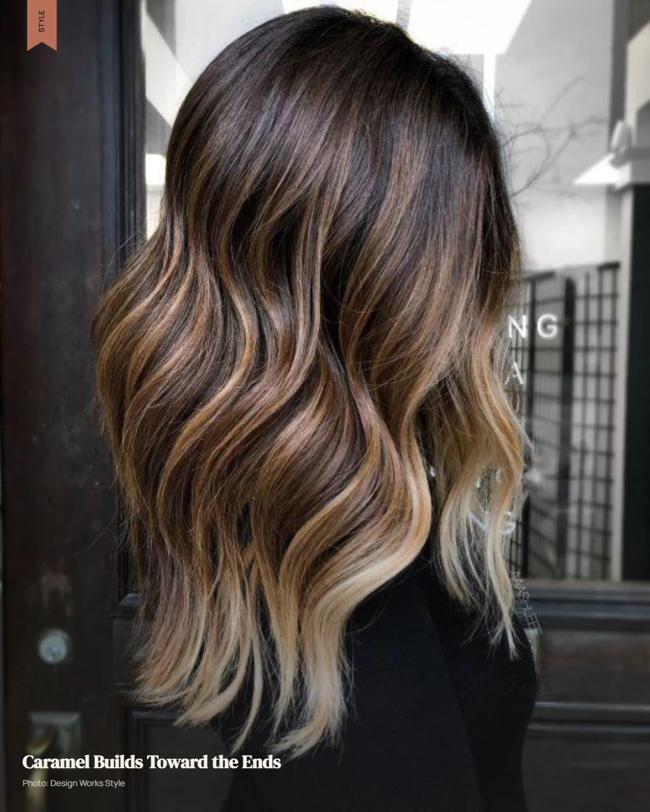 Brown hair with caramel balayage concentrated through the lower lengths and ends