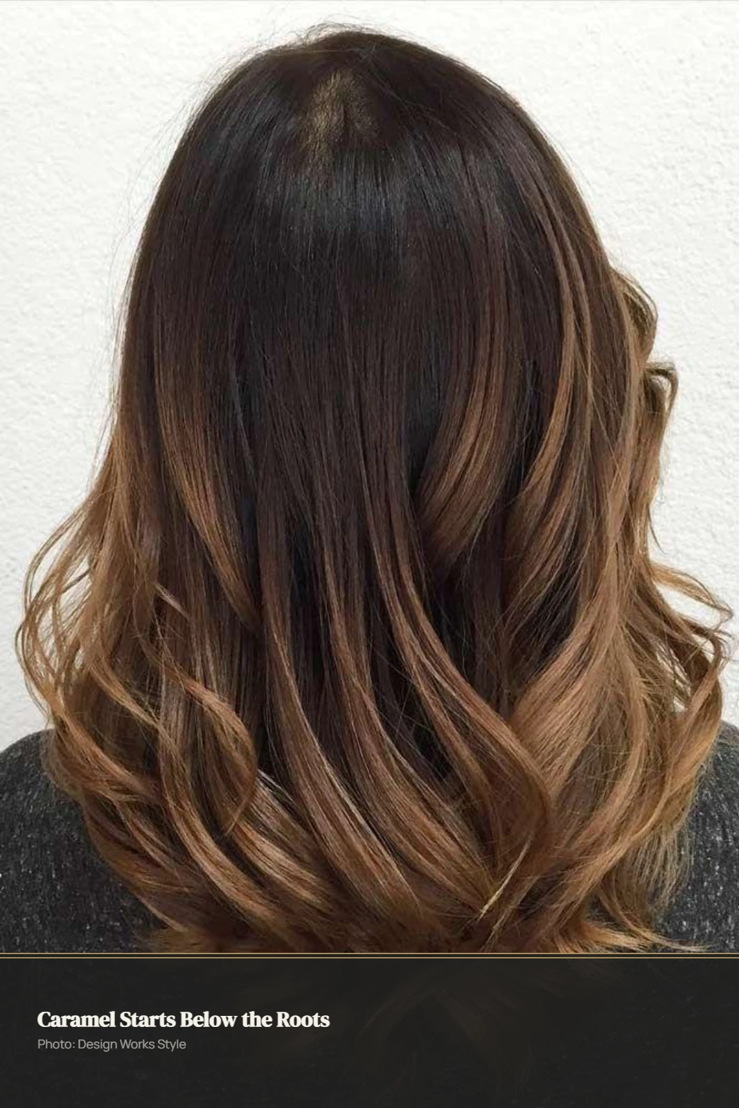 Brown hair with caramel balayage concentrated through the mid-lengths and ends