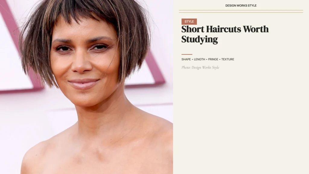 Short celebrity-inspired haircut shown from a three-quarter view with a clear overall shape