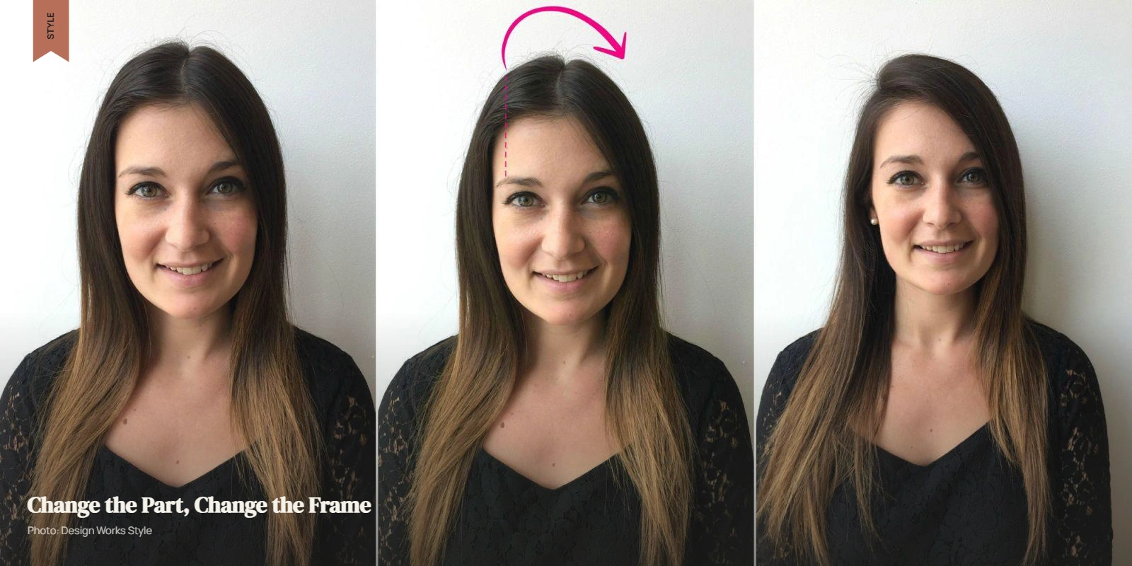 Same hairstyle shown with center and side parts to compare face framing