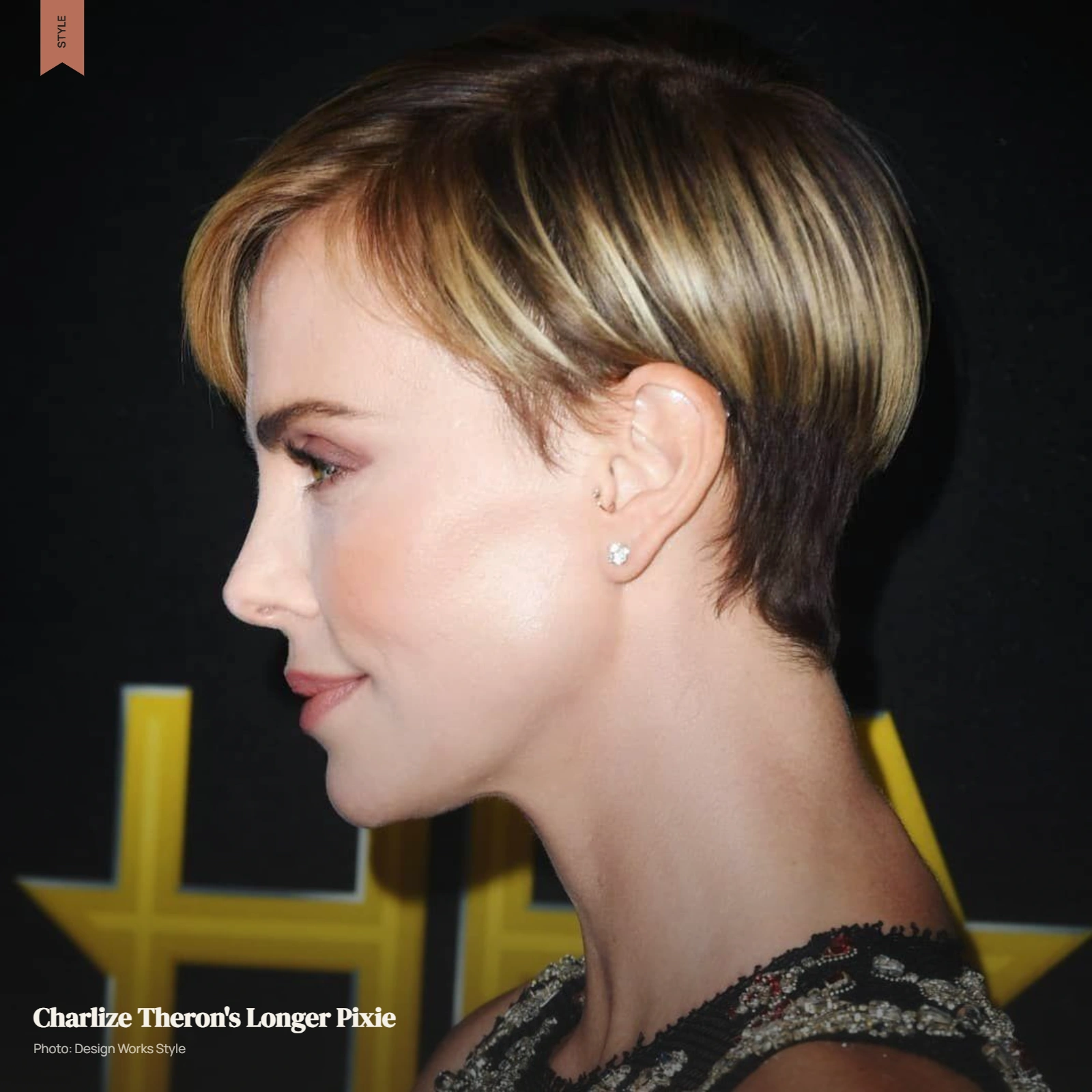 Charlize Theron-inspired long pixie with cropped sides and longer side-swept fringe