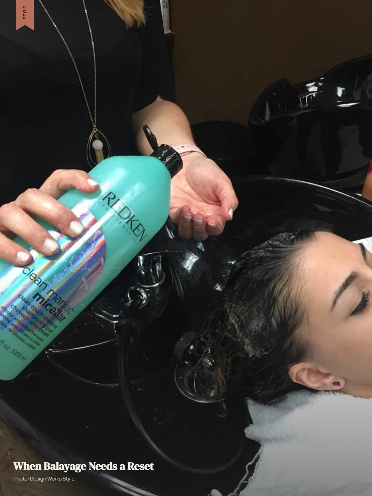 Balayage hair being shampooed to remove buildup from styling products and residue