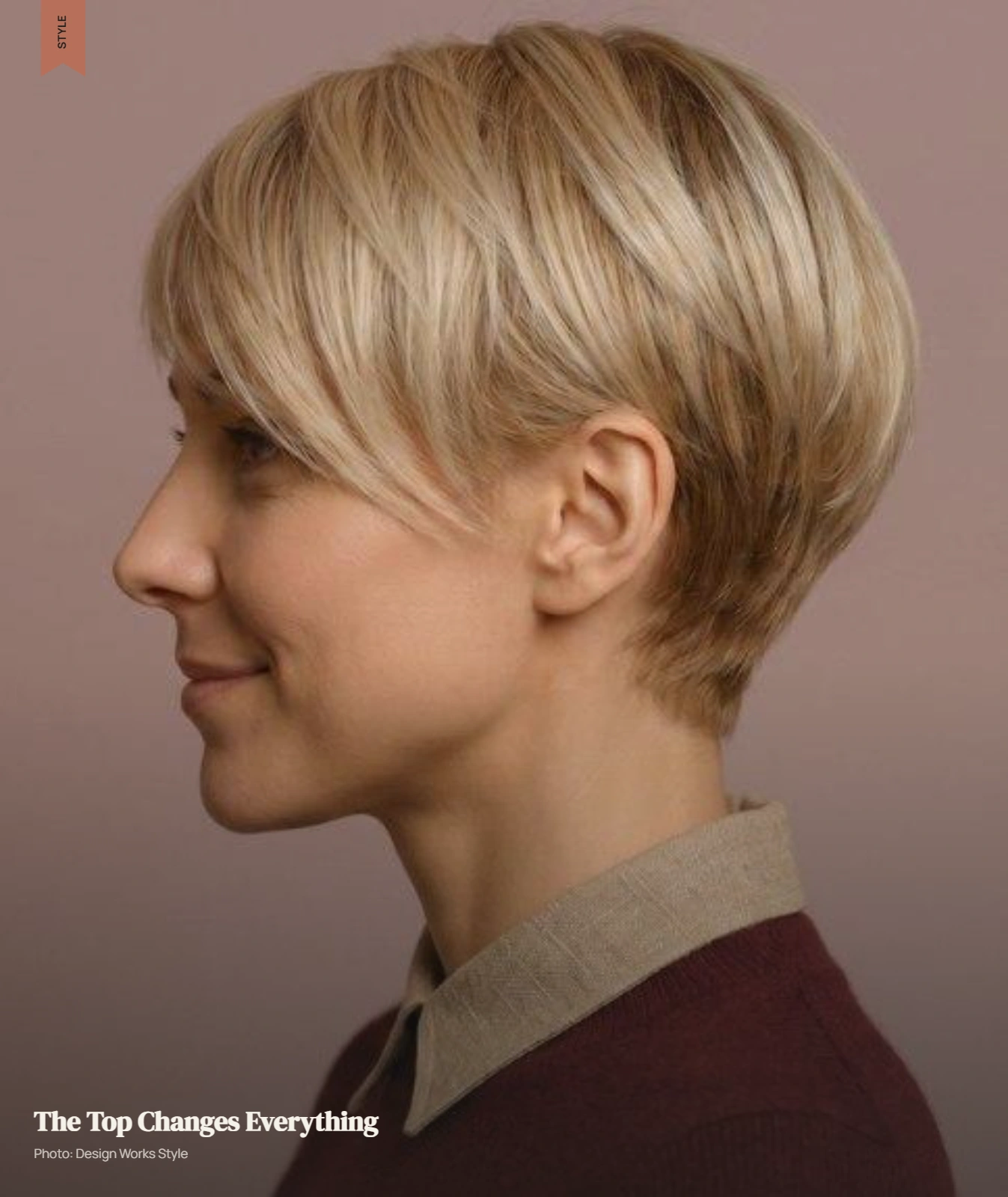 Classic pixie with short sides, shorter back, and longer textured hair on top