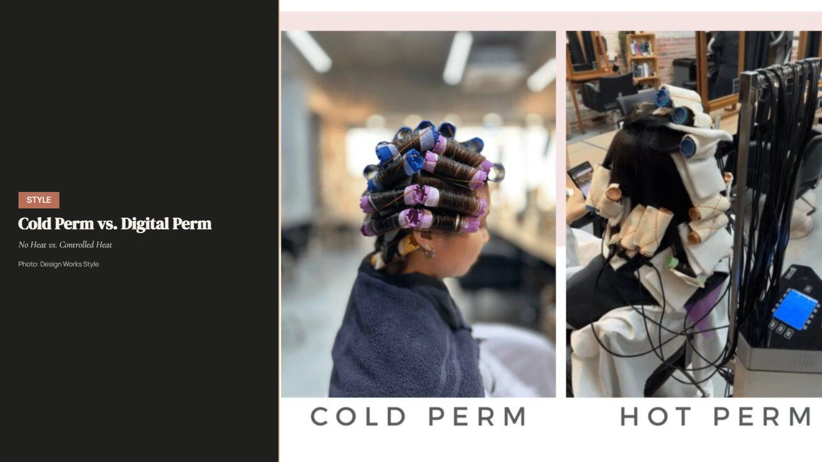 Cold perm rods without heat beside digital perm rods connected to a heating machine