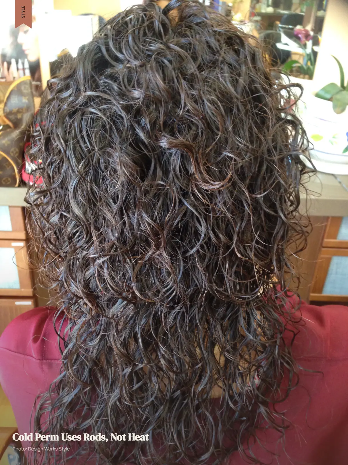 Hair wrapped in perm rods beside finished defined curls from a chemical perm