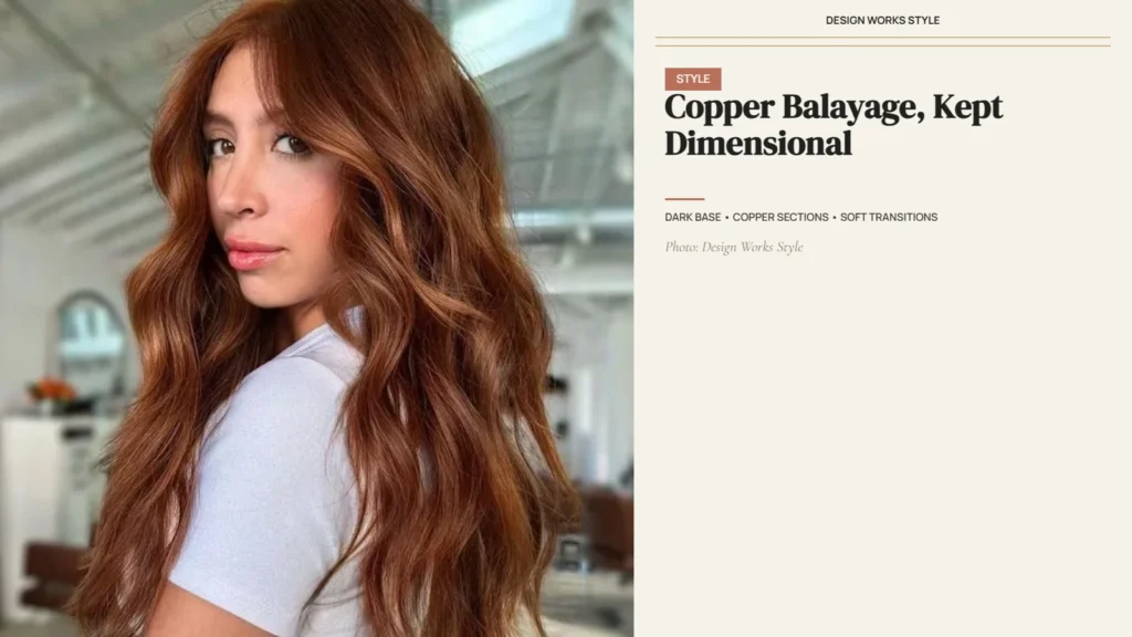 Brunette hair with warm copper balayage pieces and a darker base through the lengths