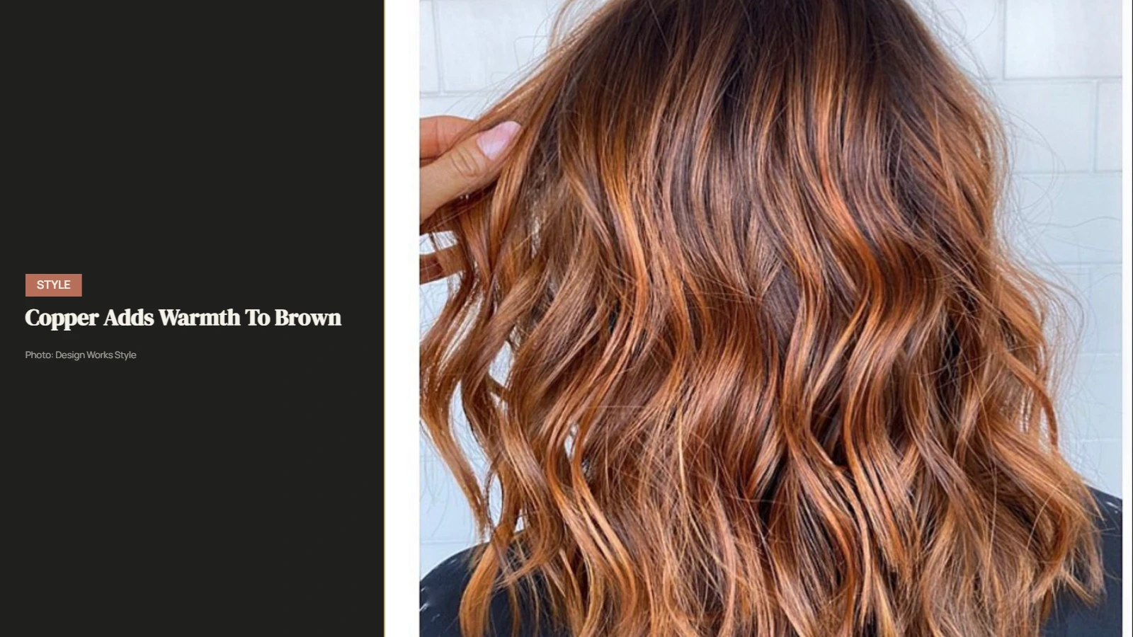 Light brown hair with warm copper balayage pieces blended through the lengths