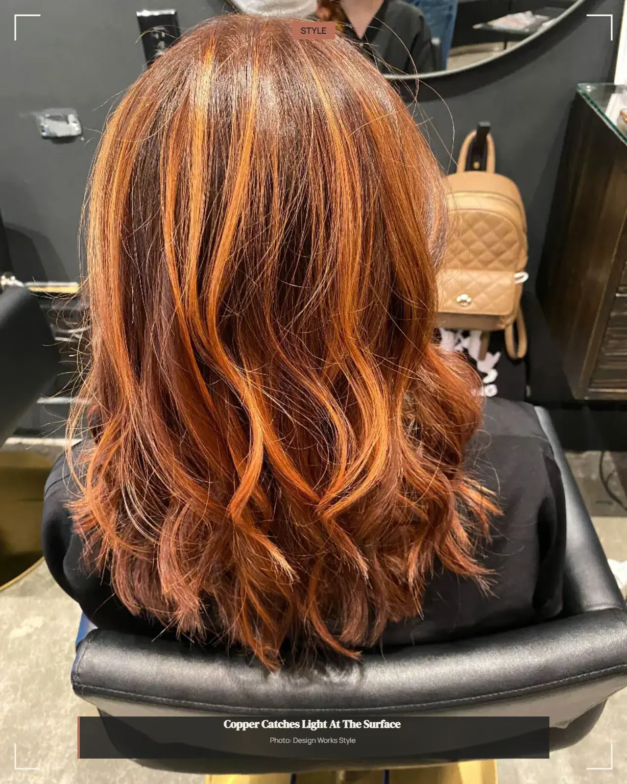 Brunette hair with copper balayage ribbons visible across the crown and surface