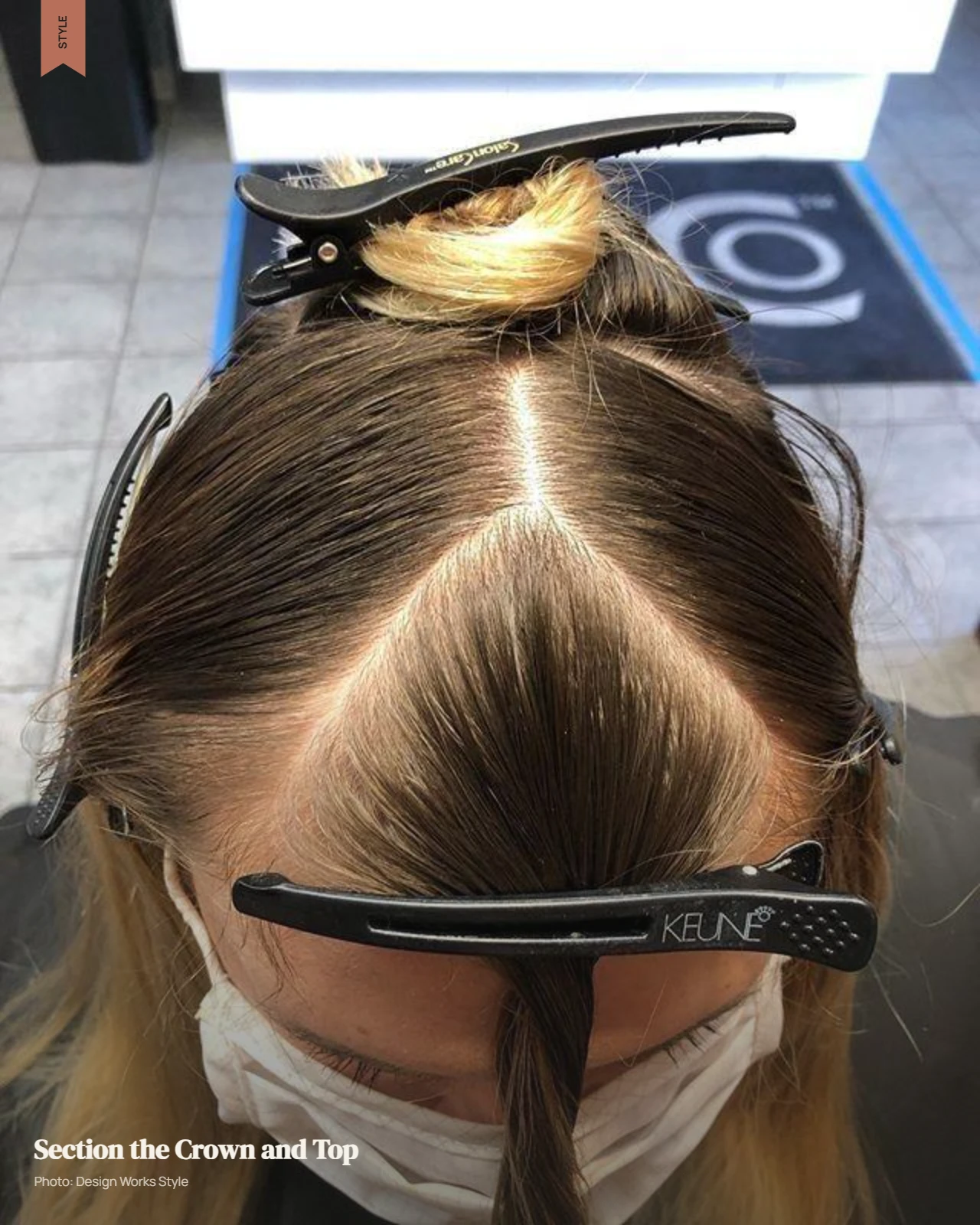 Crown hair divided into manageable sections around the natural part before highlighting