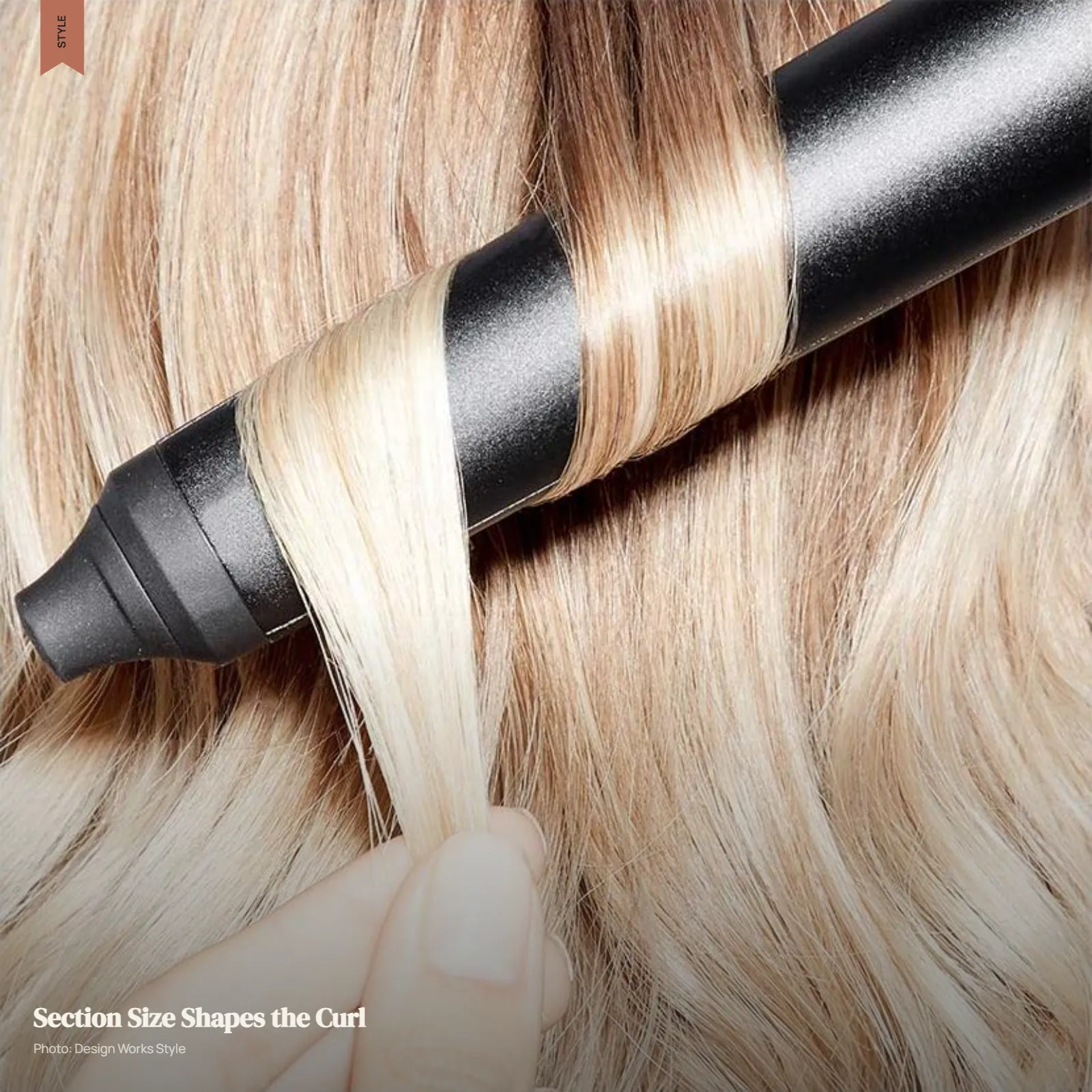 Small hair section wrapped around a curling wand to create a defined curl