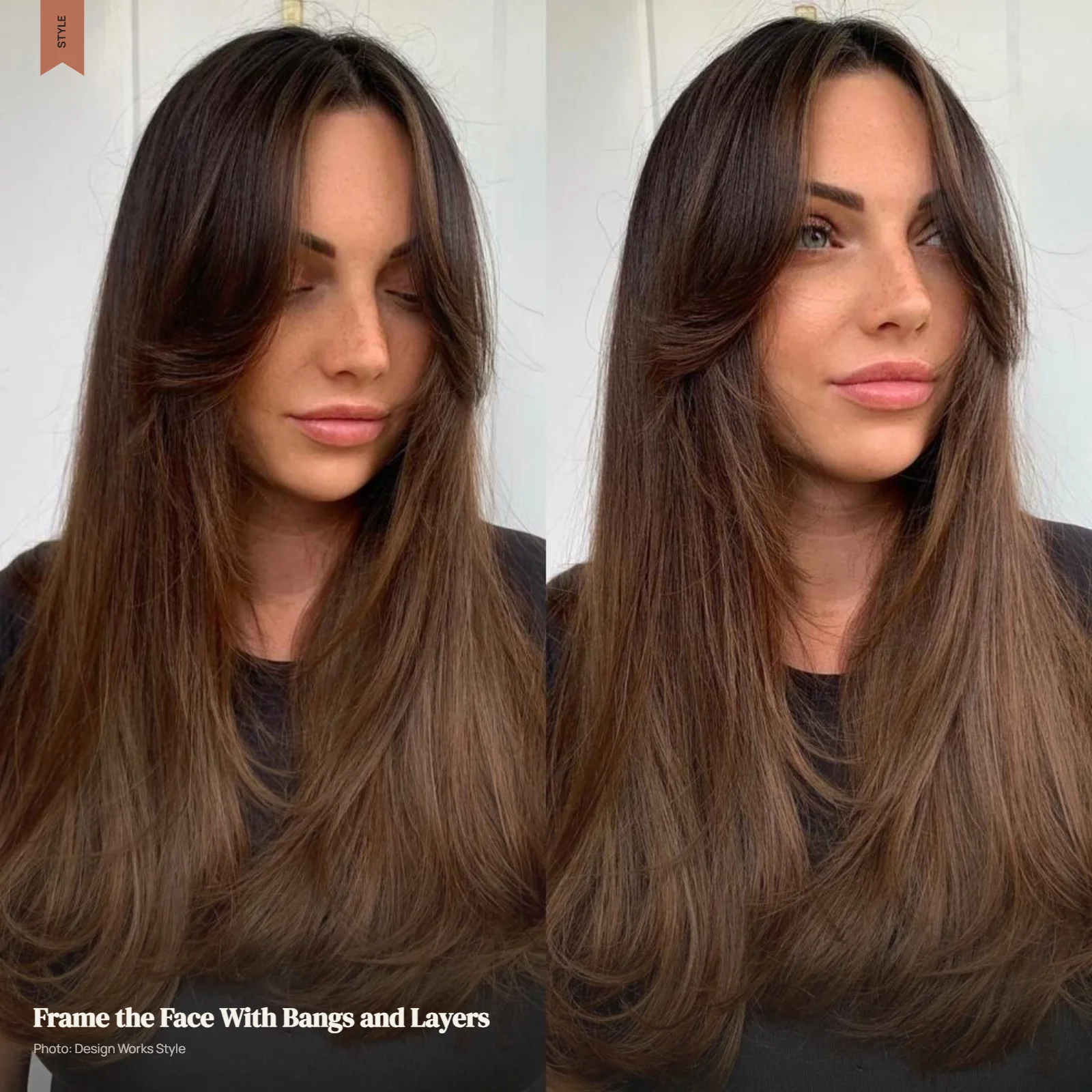 Curtain bangs blending into face-framing layers around the cheeks and jaw