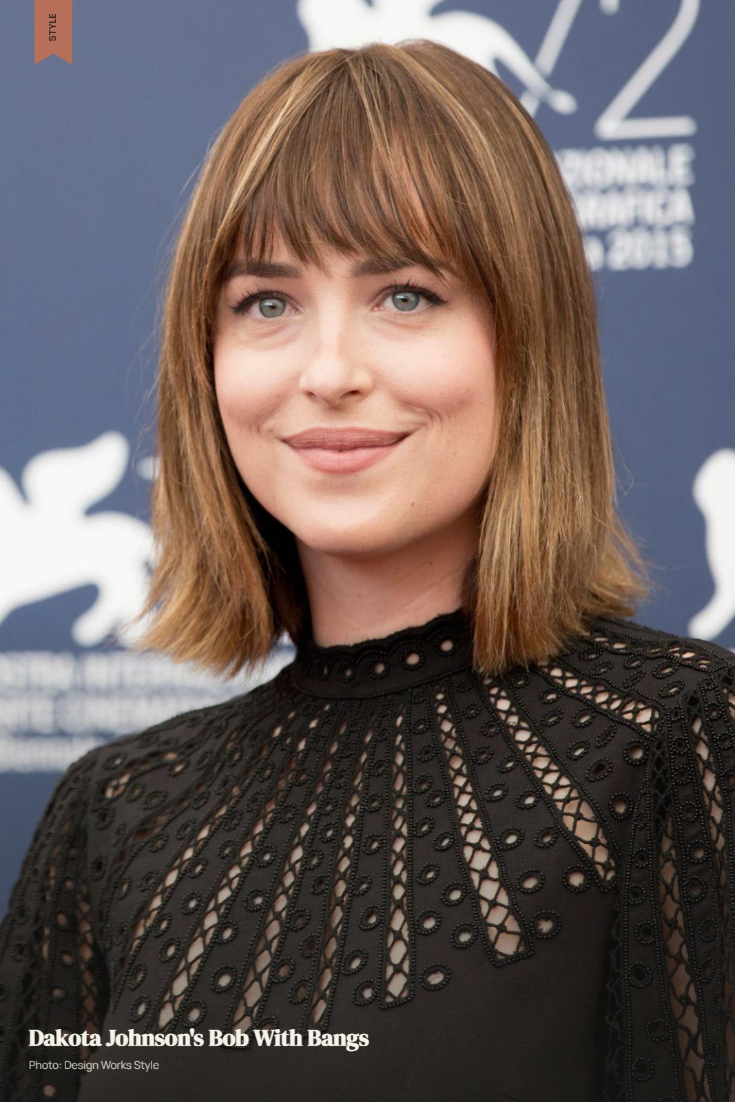 Dakota Johnson-inspired short bob with a visible brow-skimming fringe