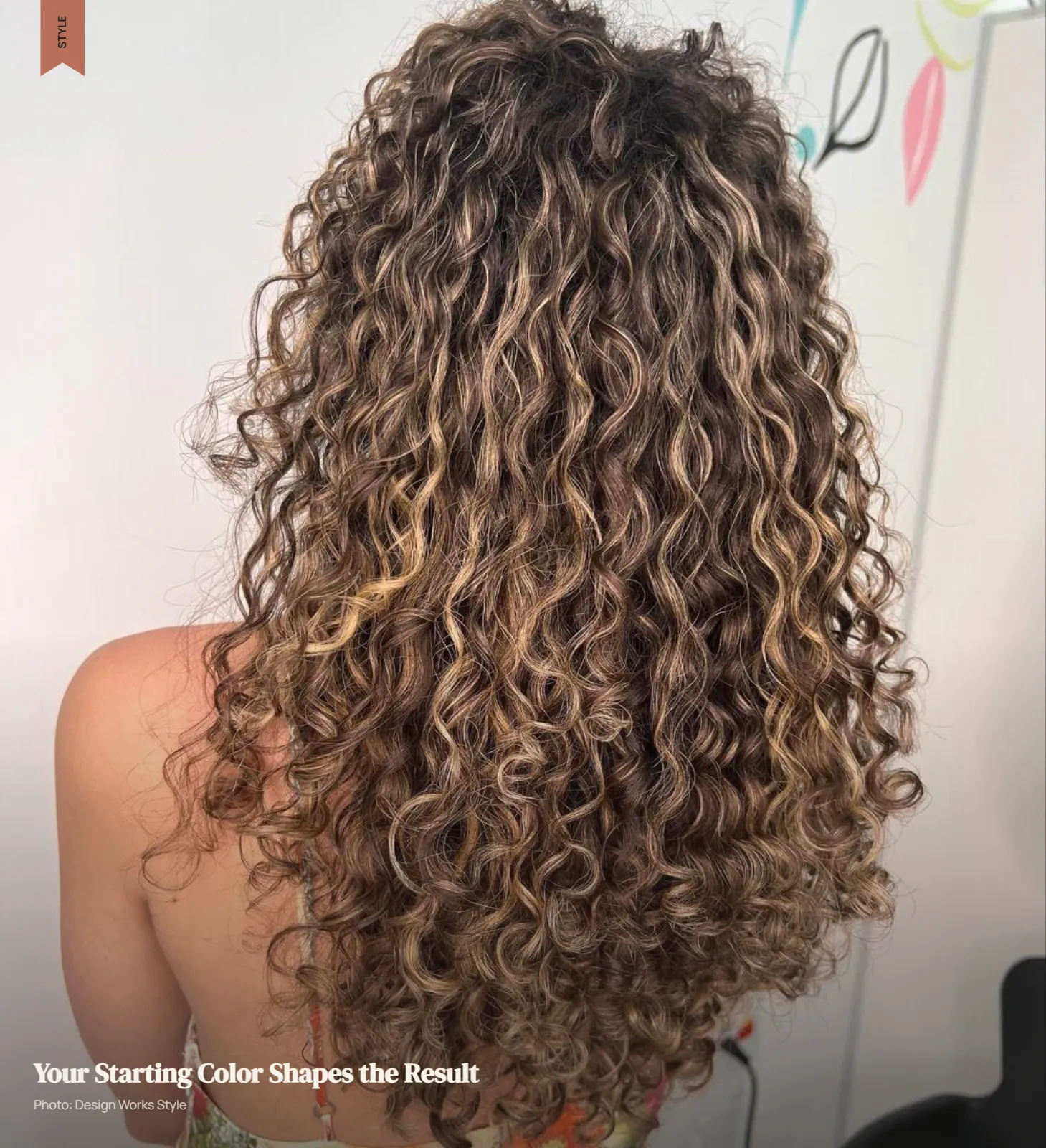 Dark brown curls with lighter balayage pieces showing contrast from the starting base