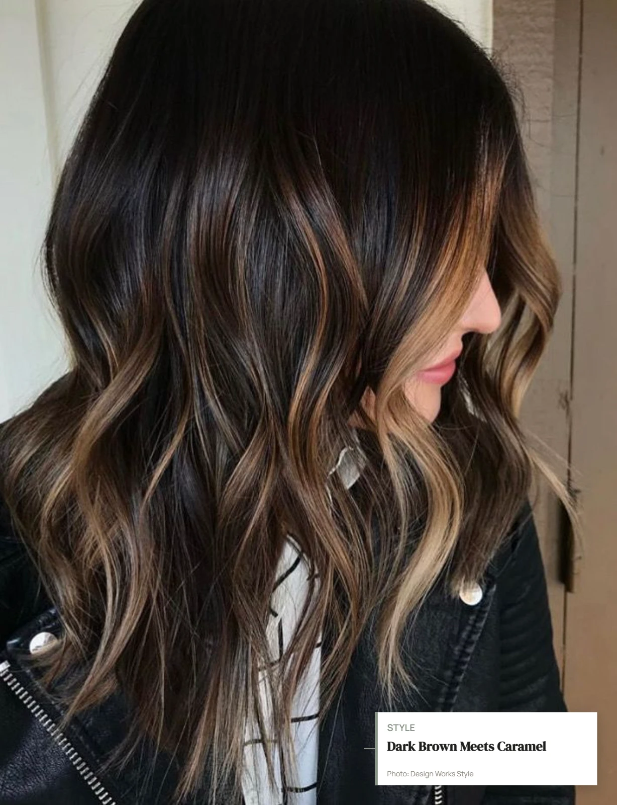 Dark brown hair with soft caramel balayage pieces creating visible contrast