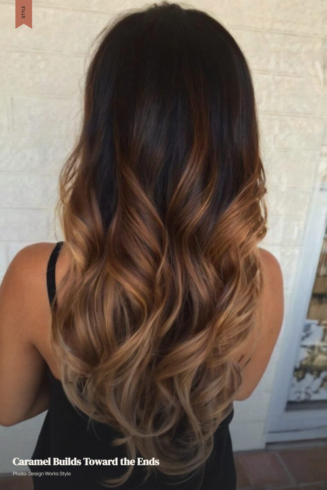 Dark brown hair with caramel balayage gradually concentrated toward the ends