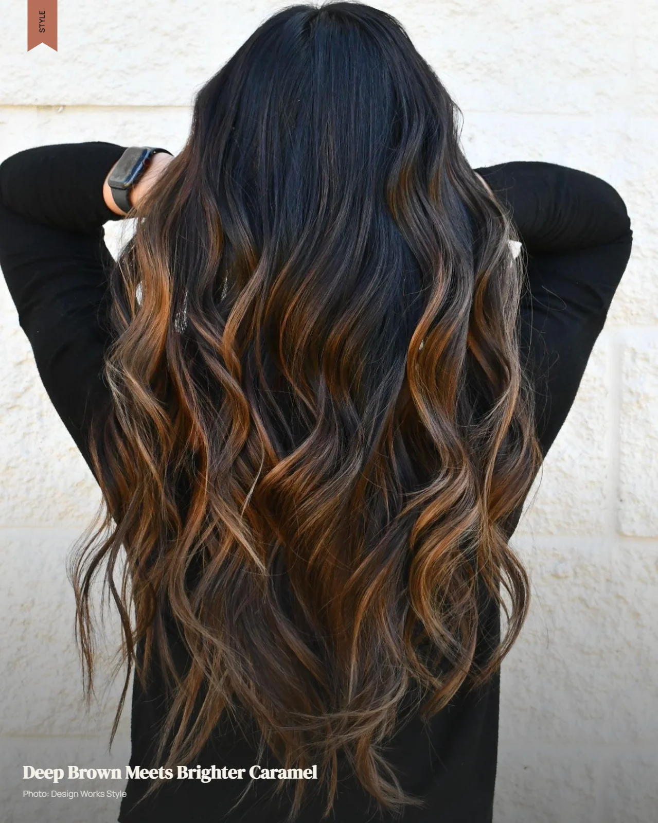 Deep brown hair with visible caramel balayage ribbons creating strong tonal contrast