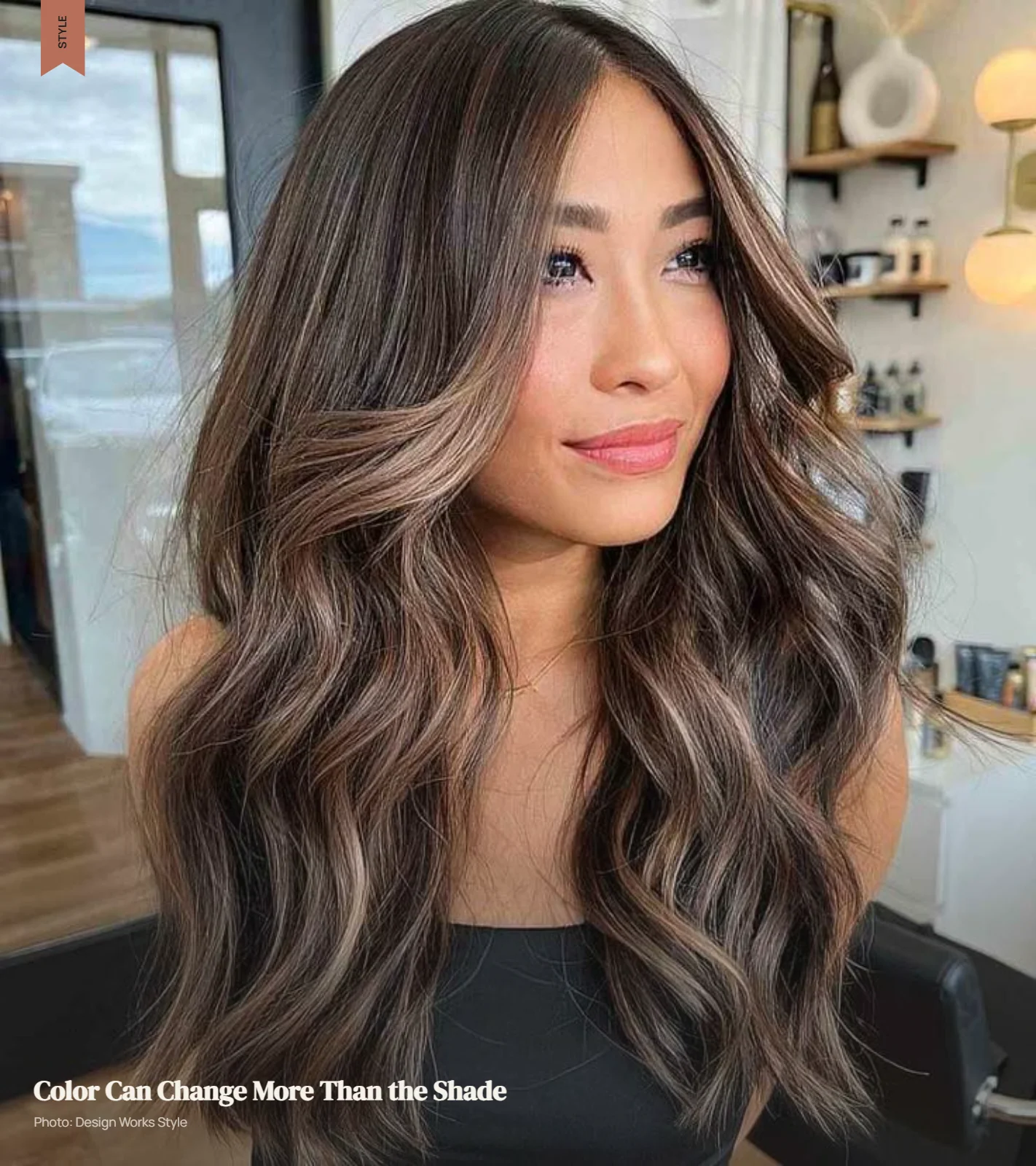 Brown hair with softly blended caramel balayage highlights and natural-looking dimension