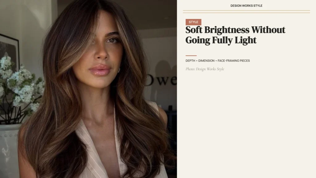 Brunette hair with subtle caramel face-framing highlights and soft dimensional color