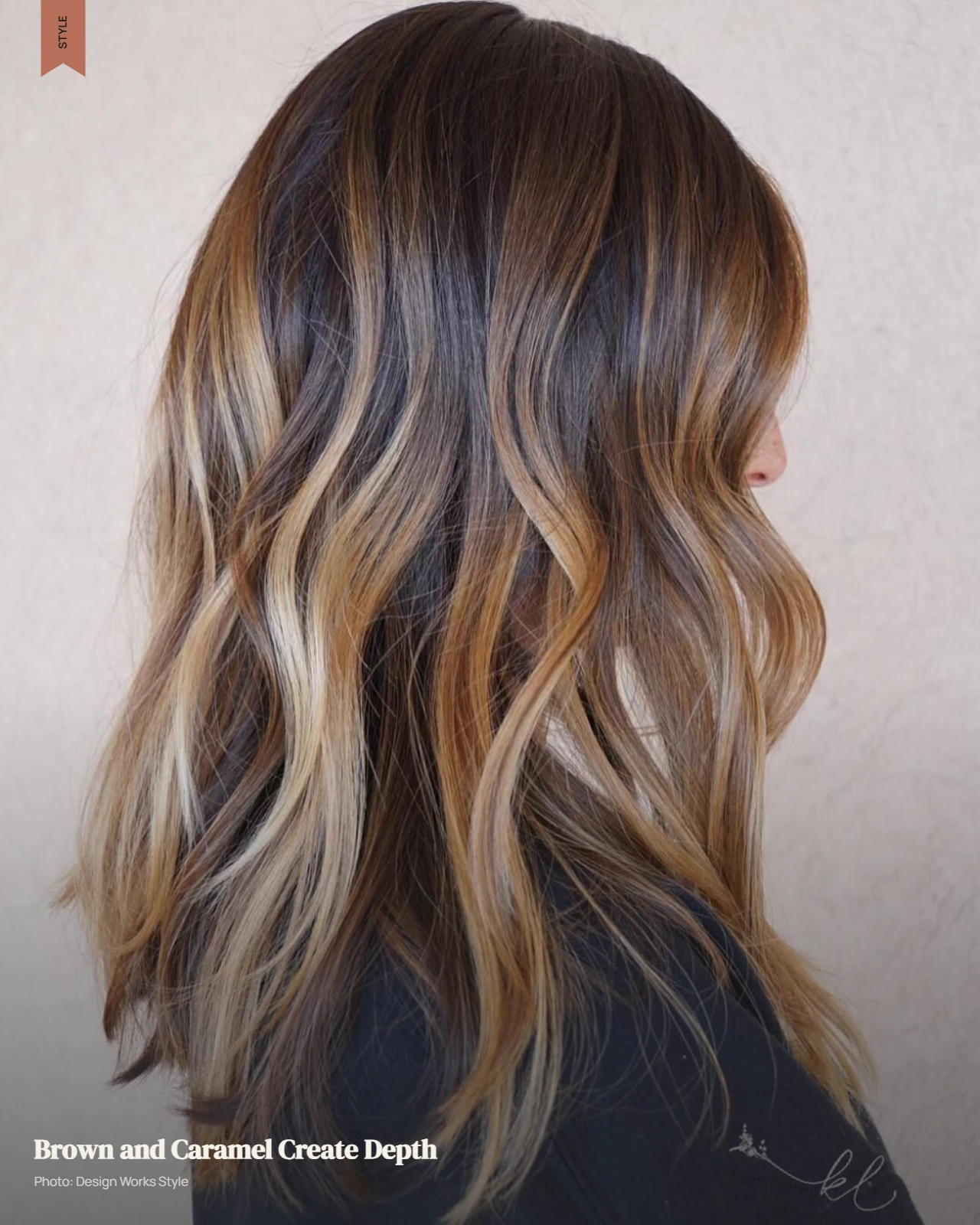 Brown hair with varied caramel and brown balayage tones creating visible dimensional depth