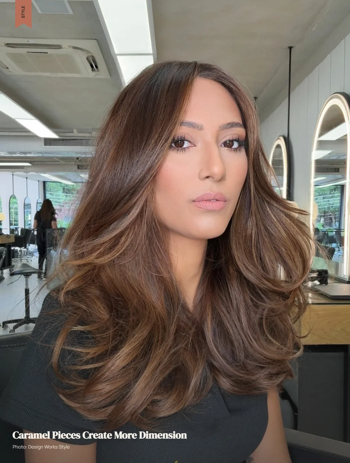 Brunette hair with selectively placed caramel pieces creating visible warmth and dimension