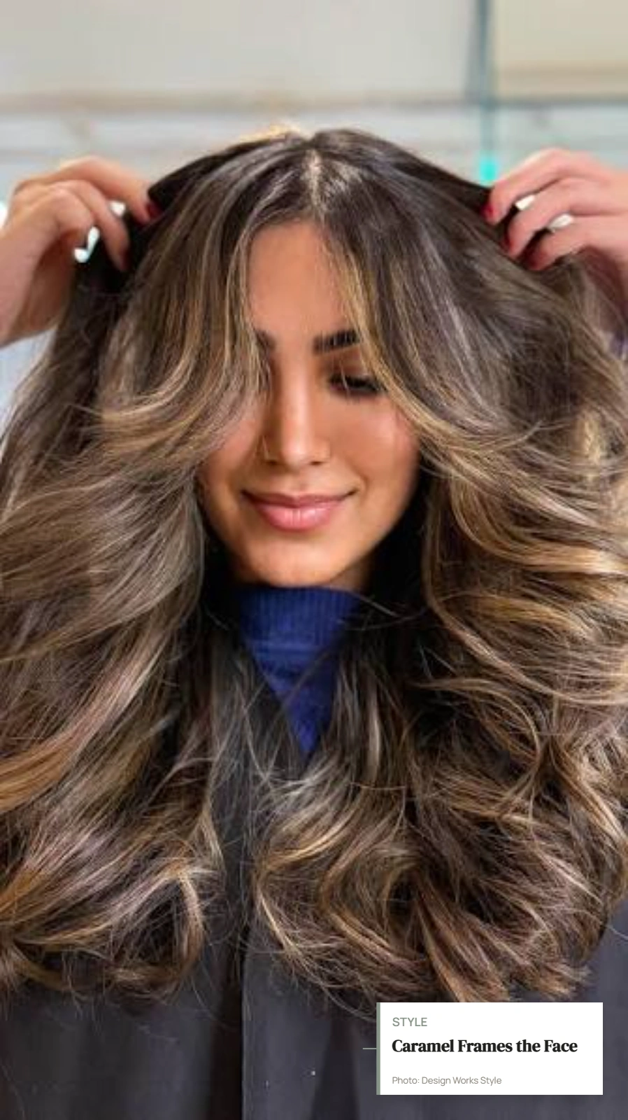 Brunette hair with brighter caramel balayage pieces framing the face