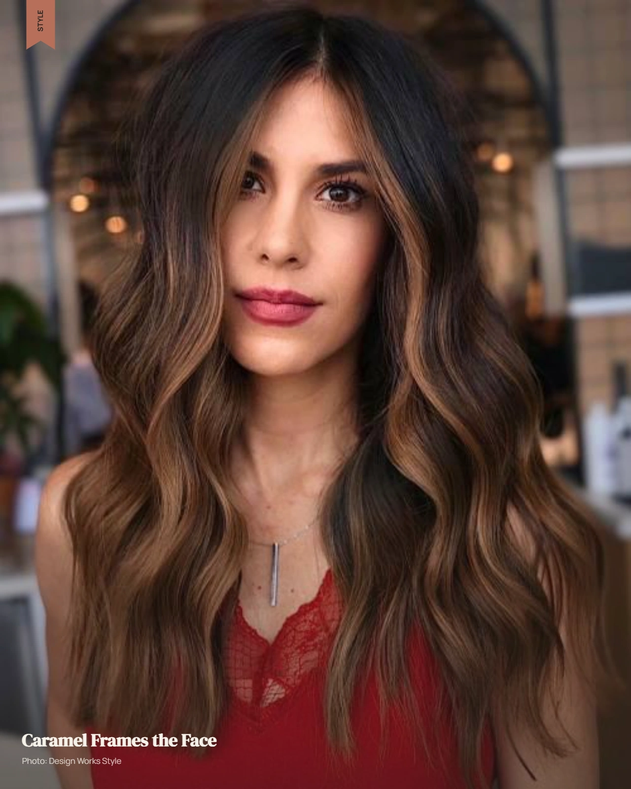 Dark brown hair with brighter caramel pieces concentrated around the face