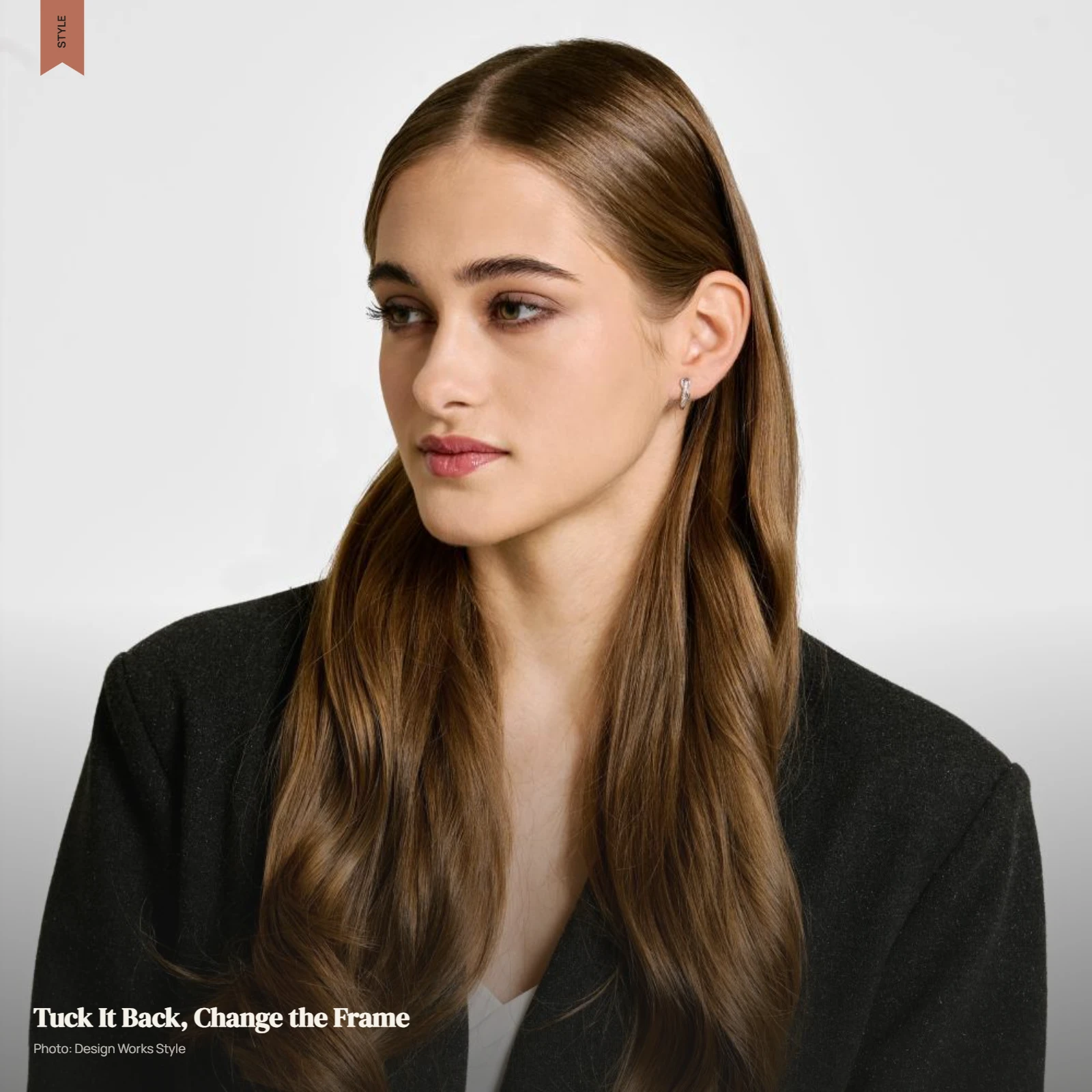 Face-framing layers tucked behind the ears for a cleaner finish