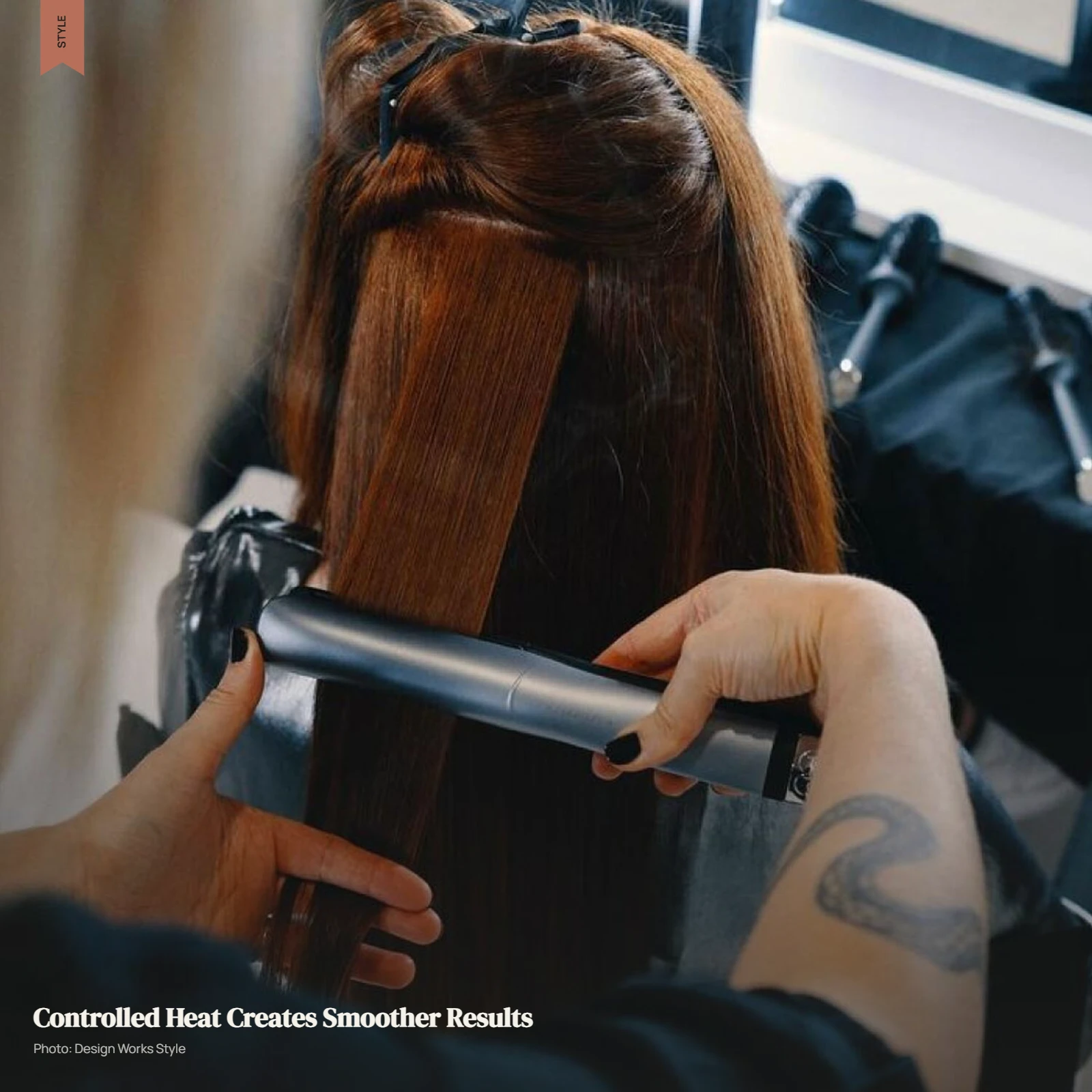 Flat iron smoothing a small section of hair for a straight finish