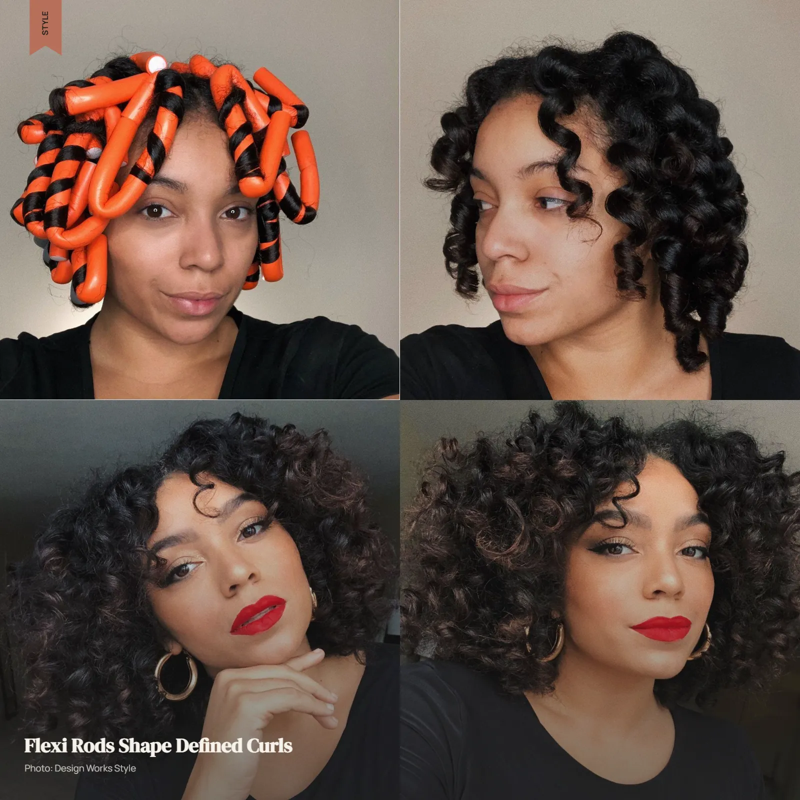 Curly hair set with flexi rods, showing defined ringlets and controlled sections